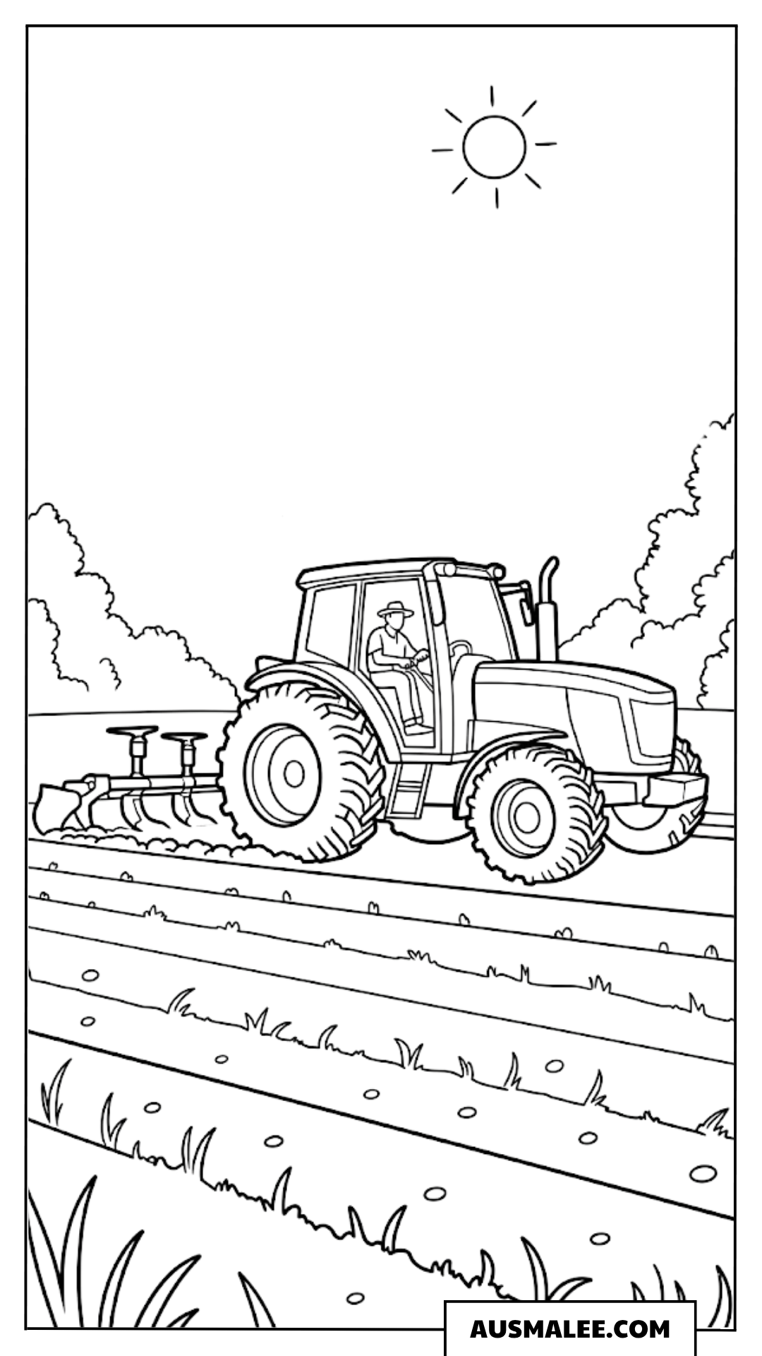 Traktor auf dem Feldweg ausmalbild