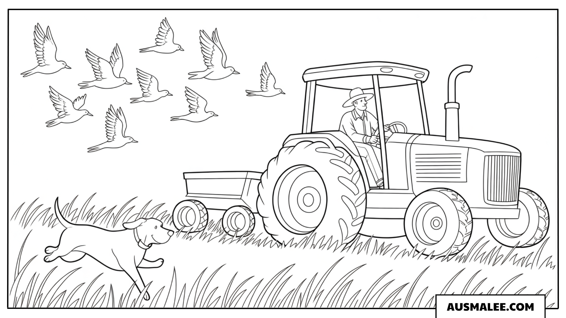 Traktor mit Hund und Vögeln ausmalbild