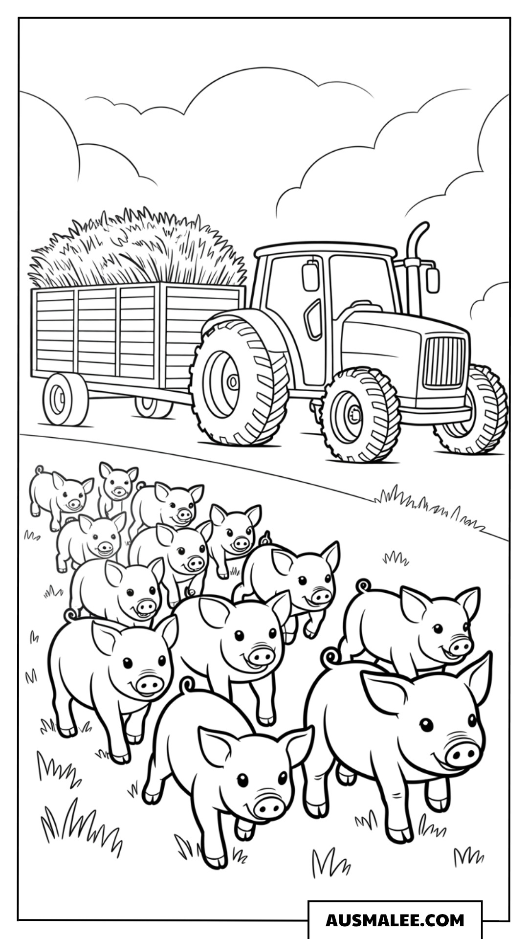 Traktor mit Schweinen und Tieren ausmalbild