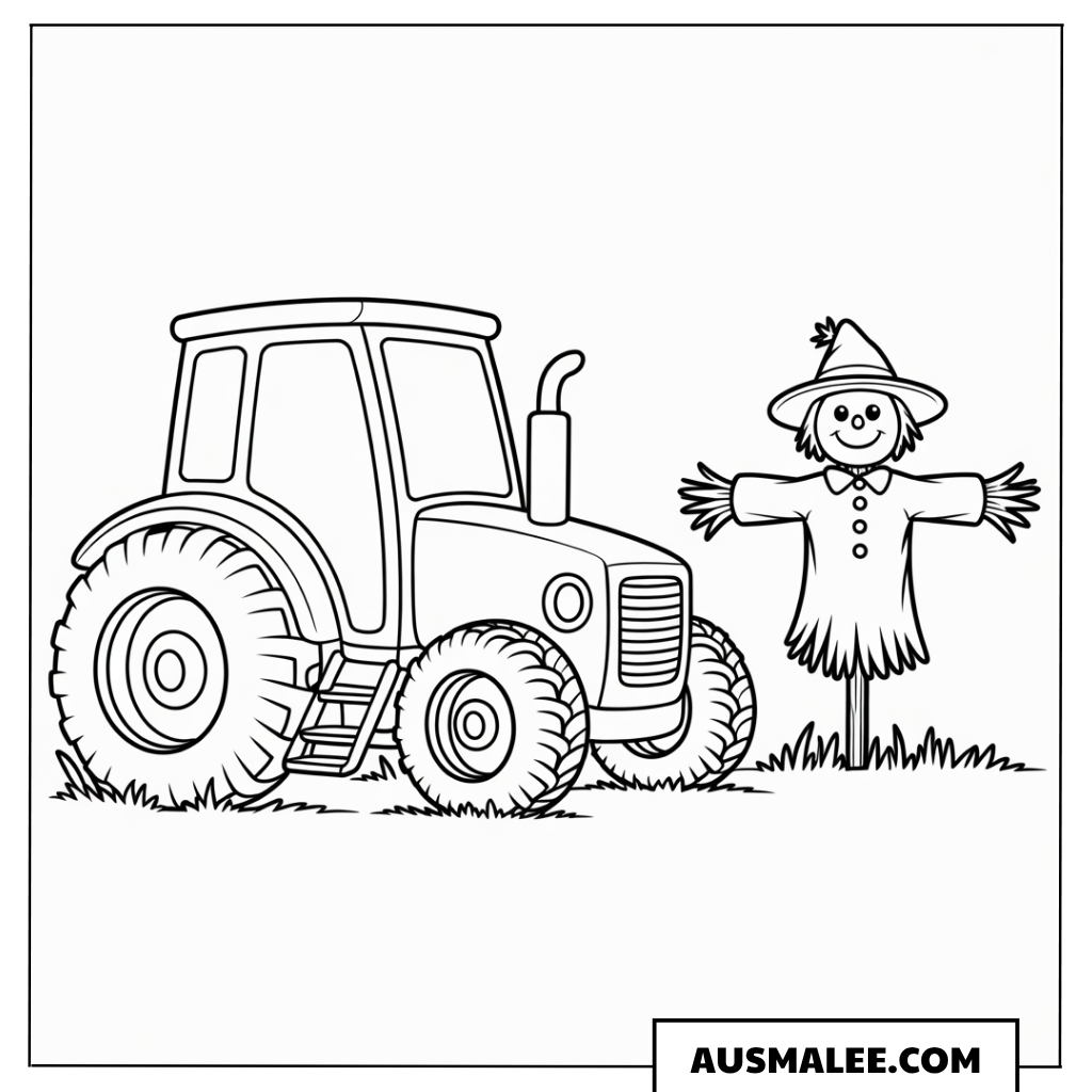 Traktor neben der Vogelscheuche ausmalbild