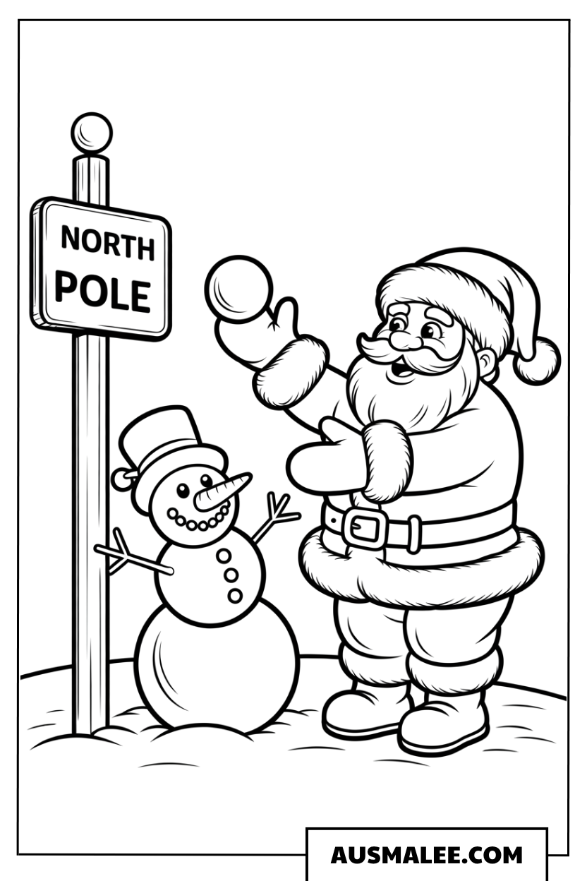 Weihnachtsmann am North Pole Schild ausmalbild