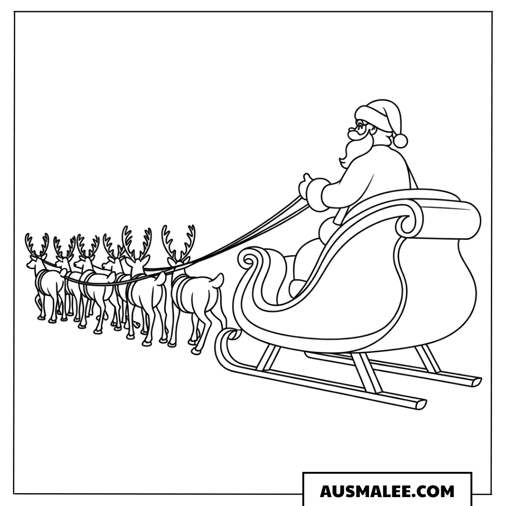 Weihnachtsmann mit Rentier-Gespann ausmalbild