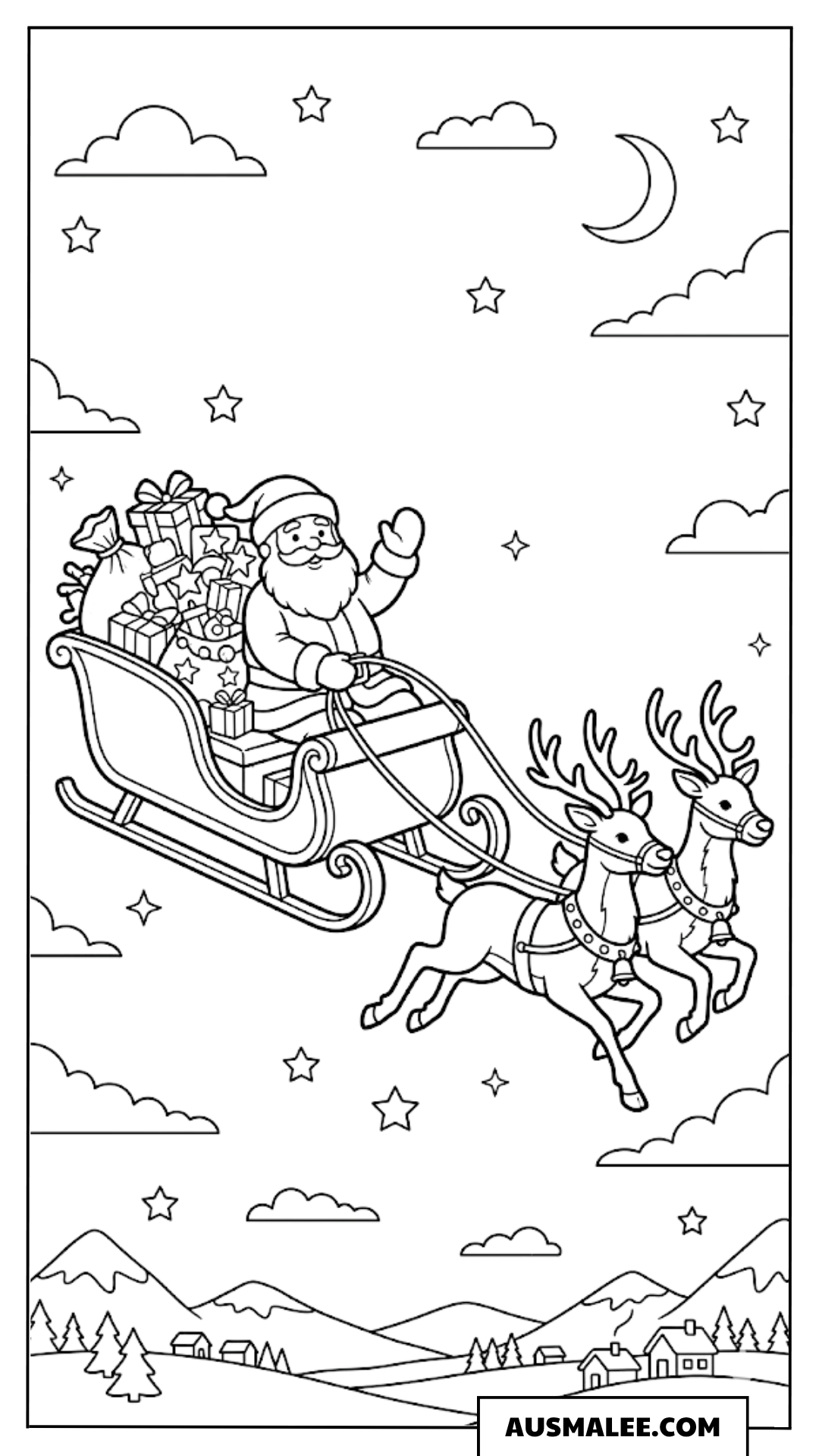 Weihnachtsmann mit Rentier-Schlitten ausmalbild