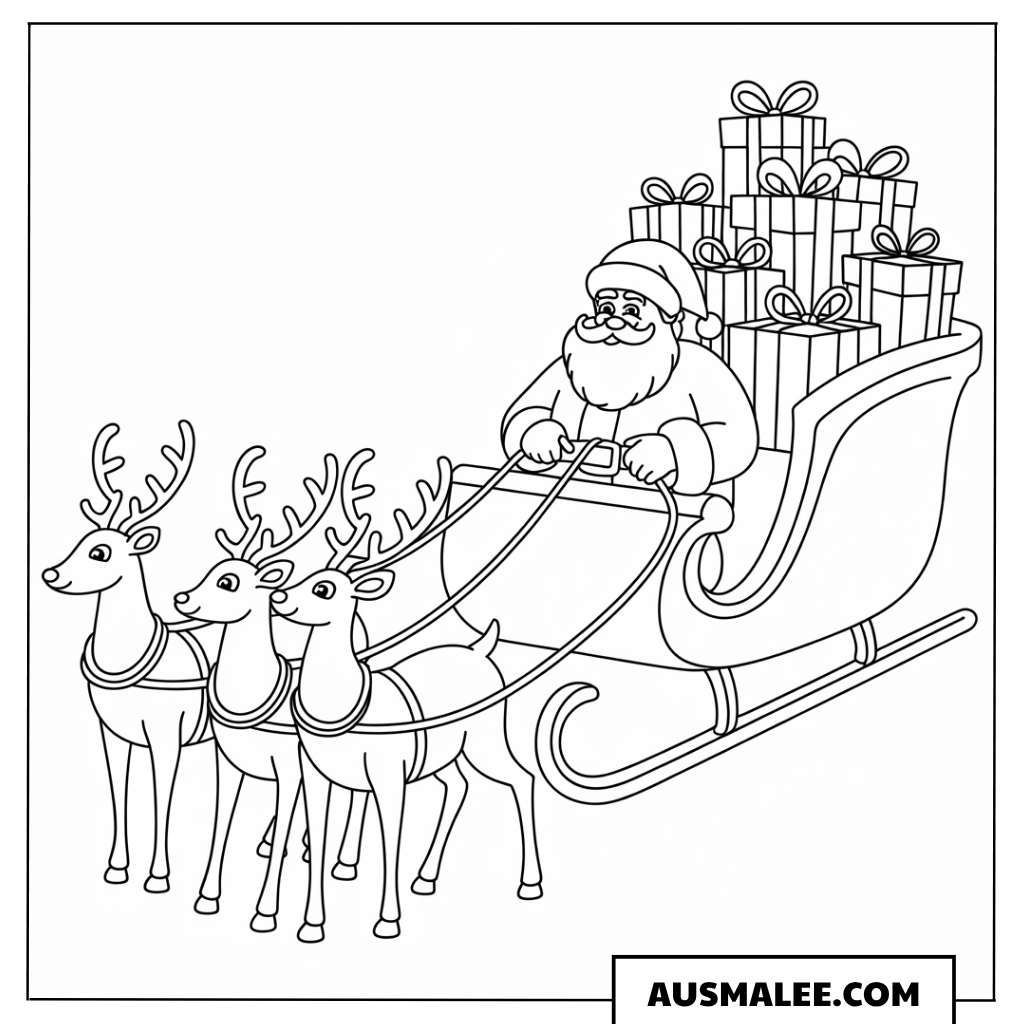 Weihnachtsmann mit voll beladenem Schlitten ausmalbild