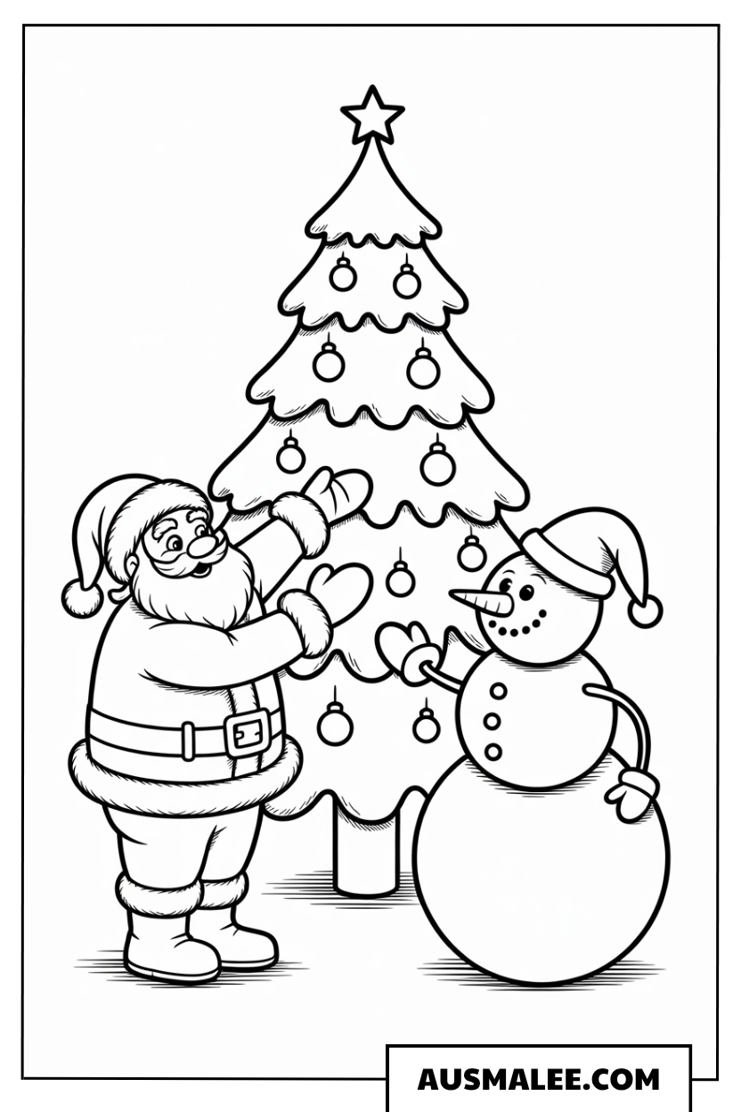 Weihnachtsmann und Schneemann am Christbaum ausmalbild