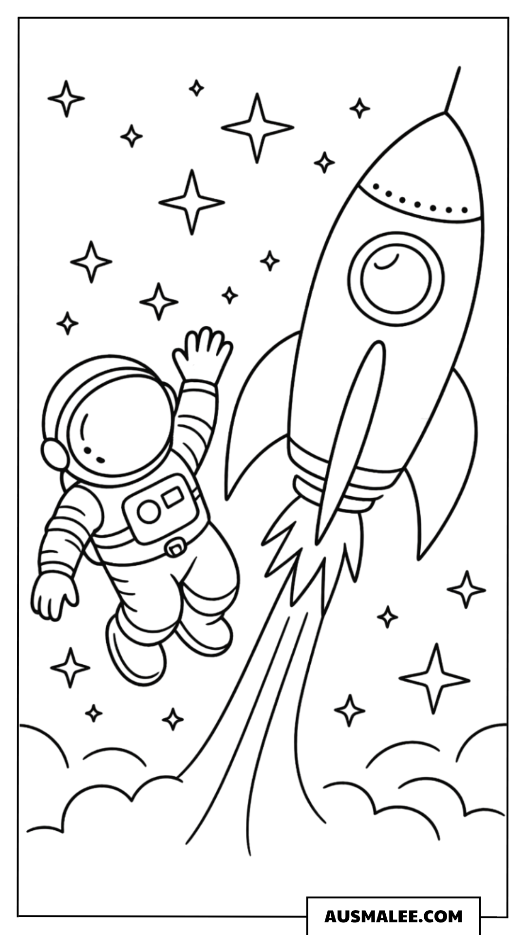 Winkender Astronaut neben Rakete Ausmalbild