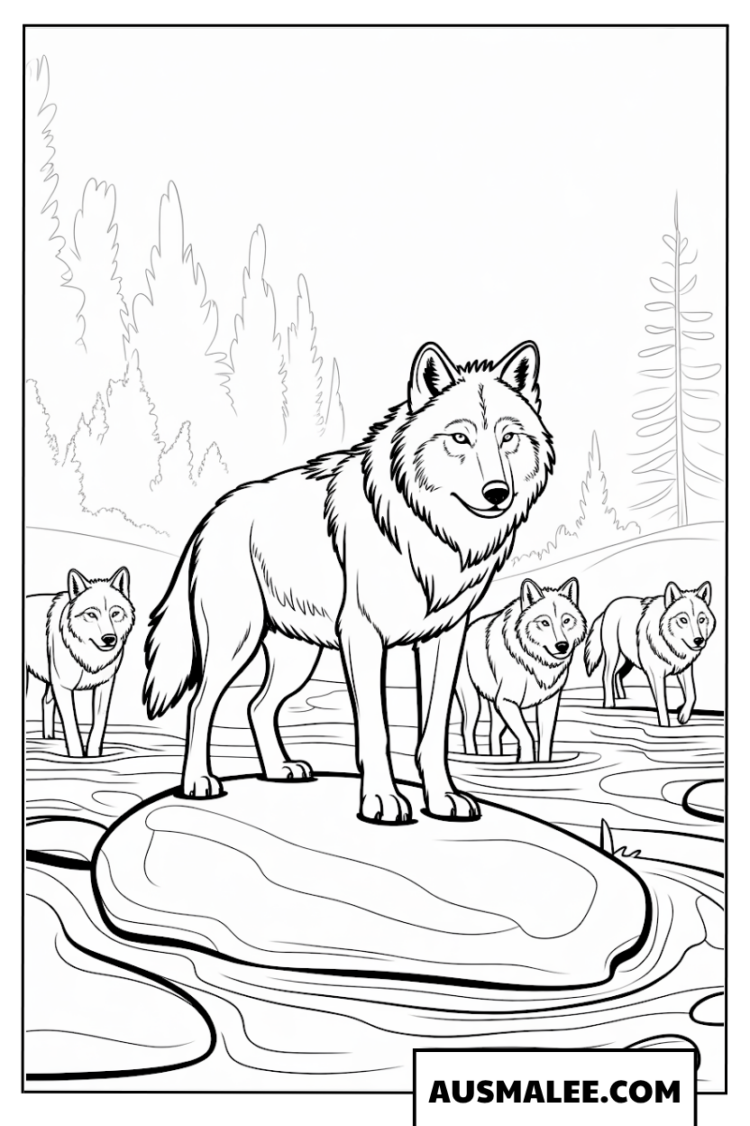 Wolf Auf Stein Im Fluss Ausmalbilder