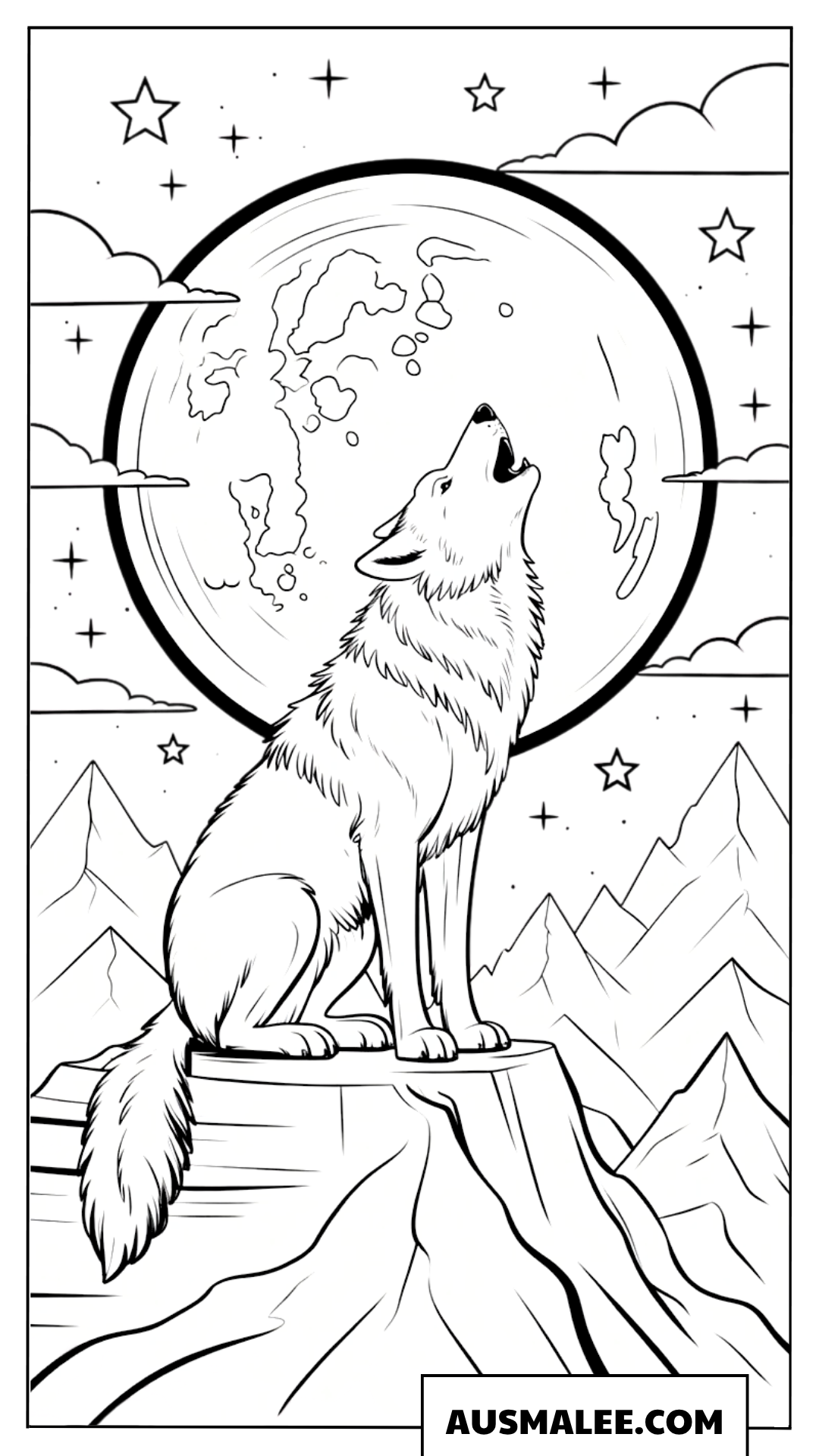 Wolf Heult Auf Berg Unter Vollmond Ausmalbilder