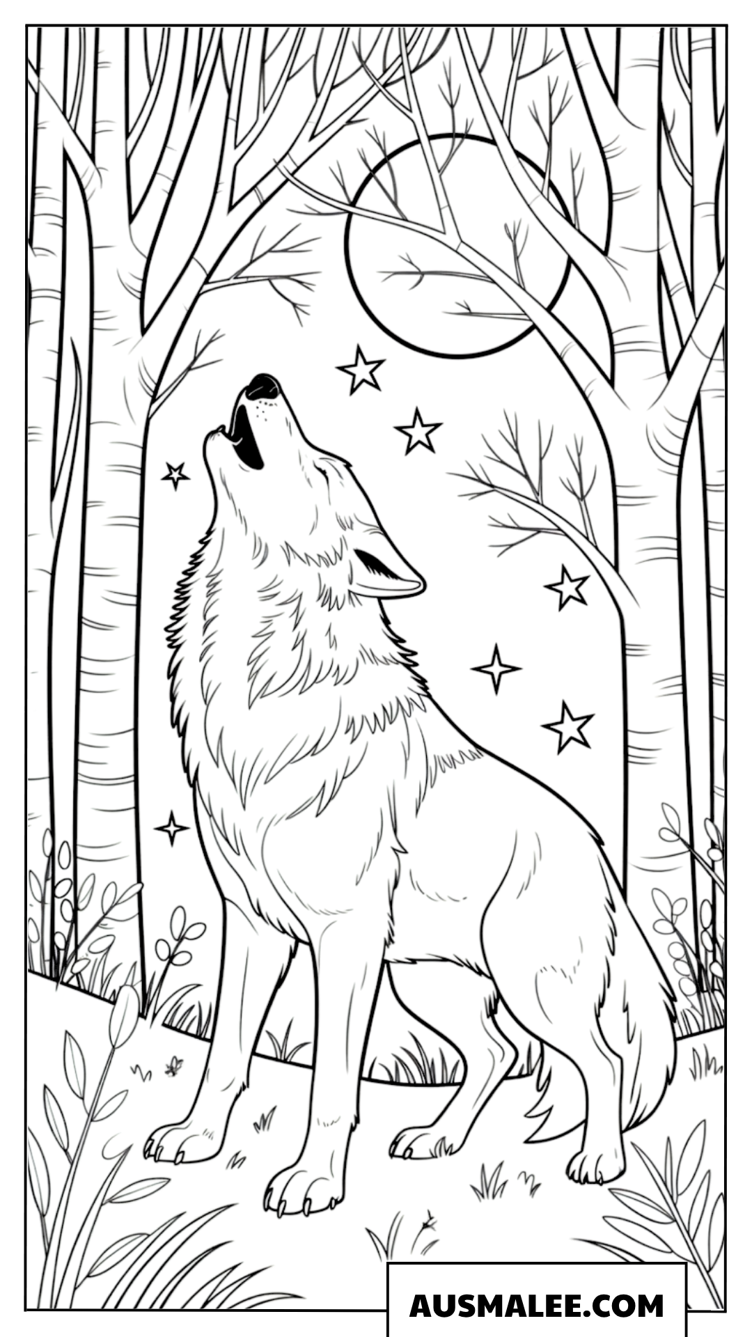 Wolf Heult Im Wald Unter Mond Ausmalbilder