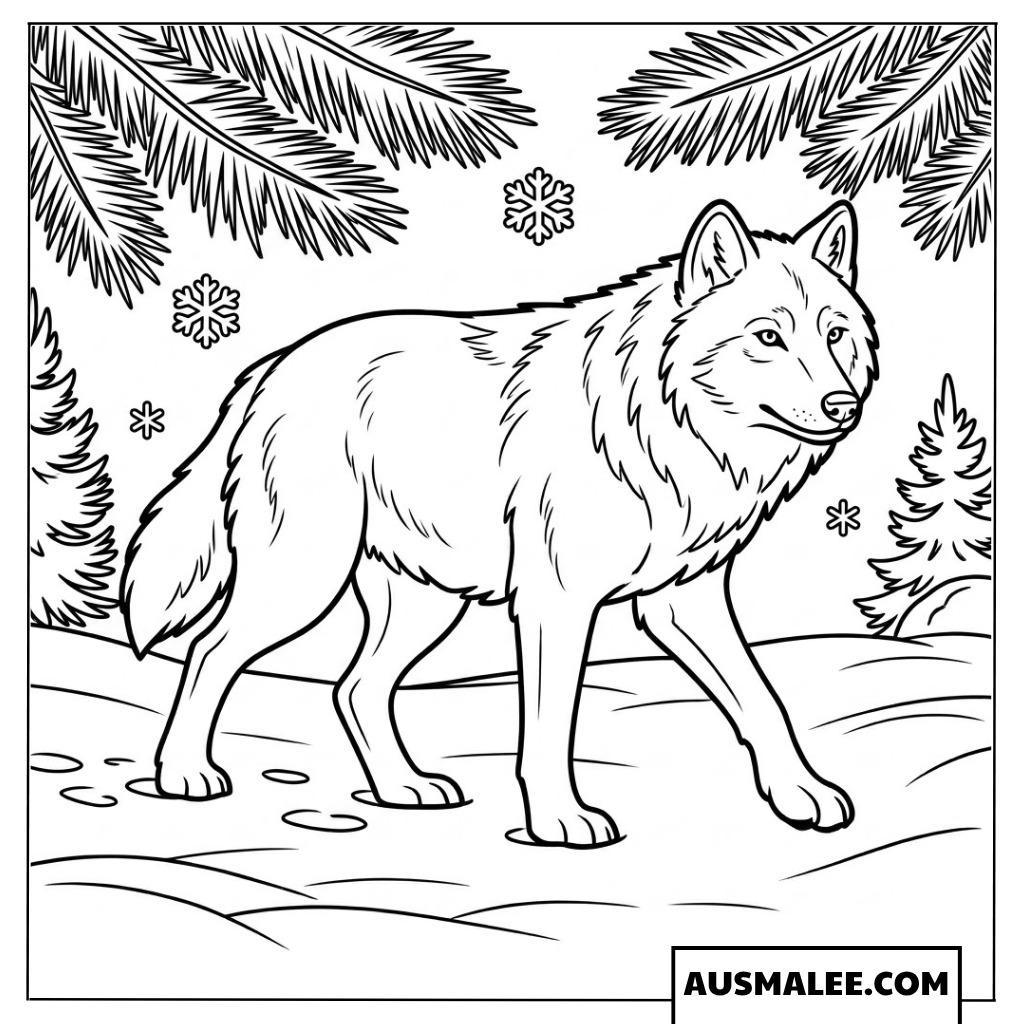 Wolf Im Schnee Mit Tannenzweigen Ausmalbilder
