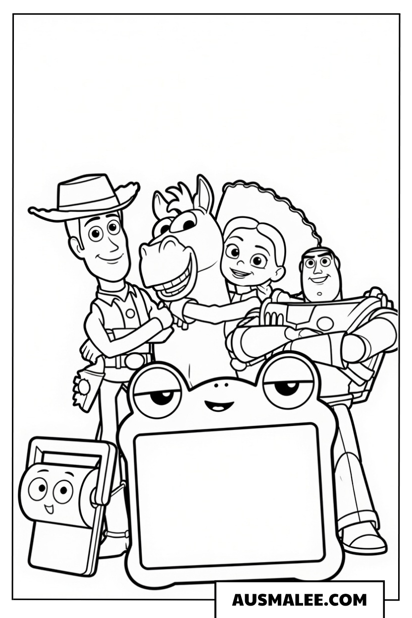 Woody, Buzz und Lily Pad in Toy Story 5 ausmalbild