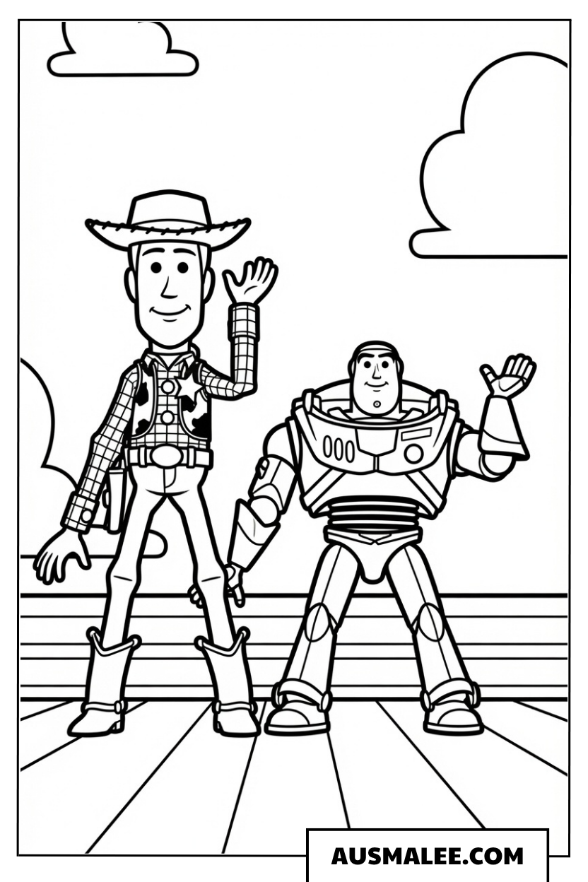 Woody und Buzz Lightyear in Toy Story 5 ausmalbild