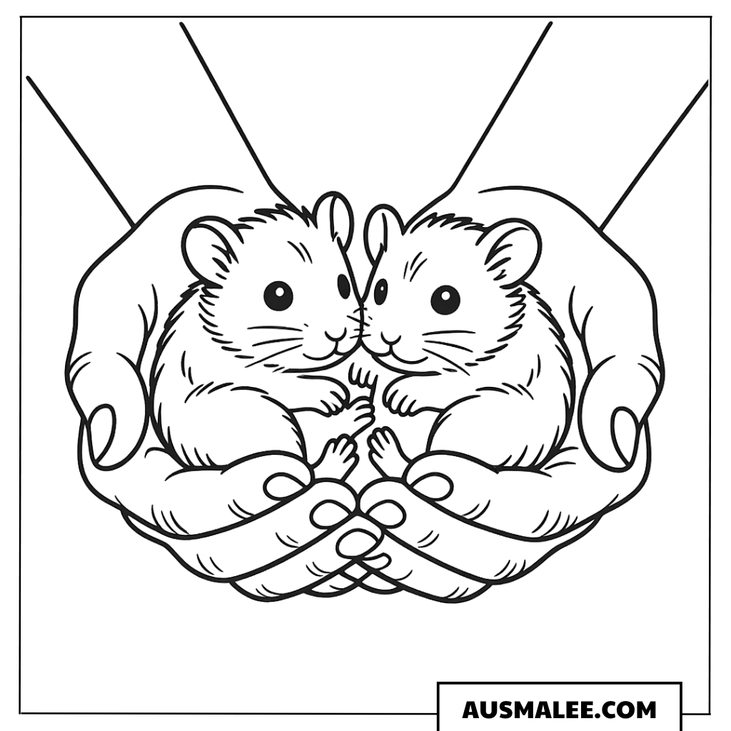 Zwei Hamster-Babys in den Händen Ausmalbild