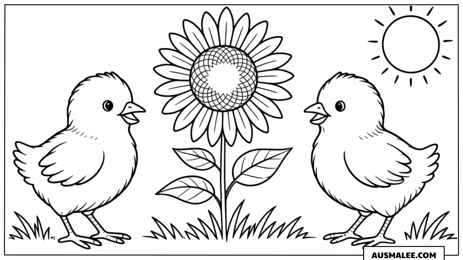 Zwei Küken mit Sonnenblume Ausmalbild