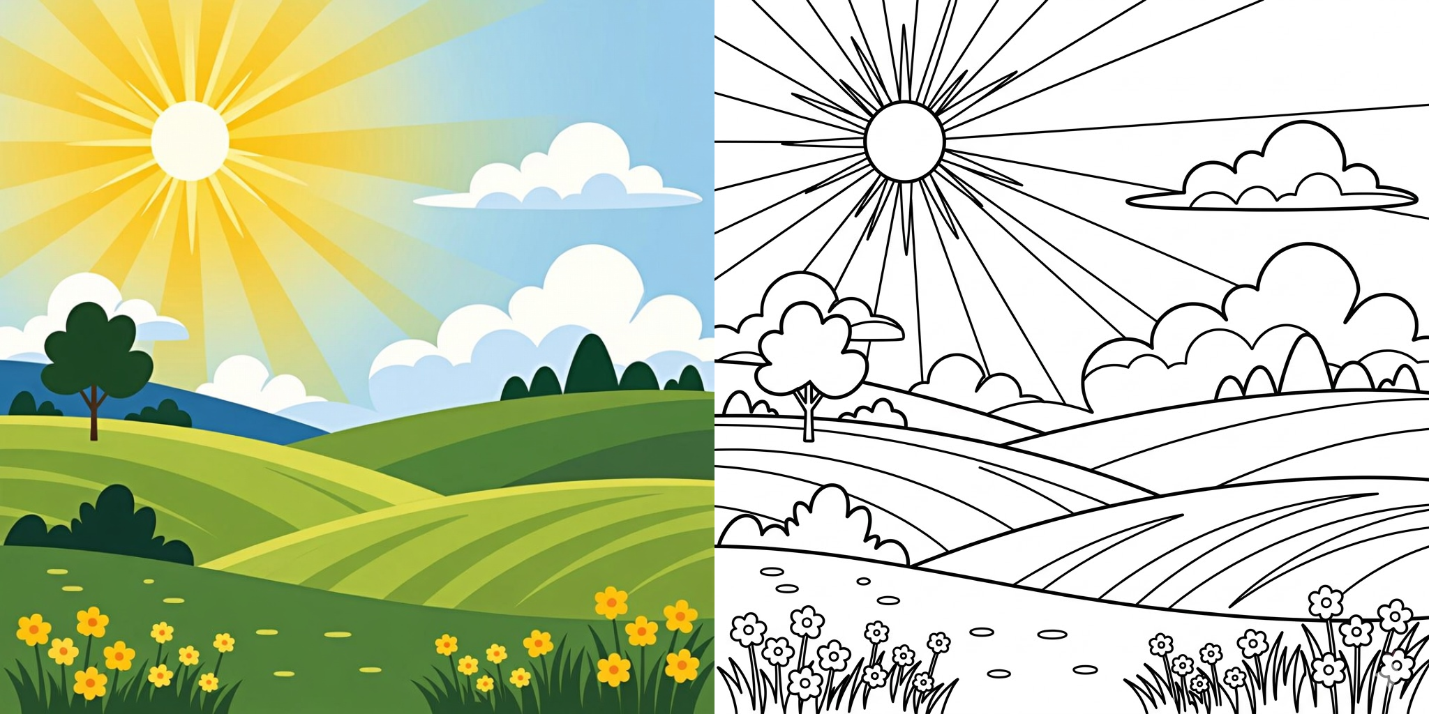 ausmalbild sonne mit landschaft ft