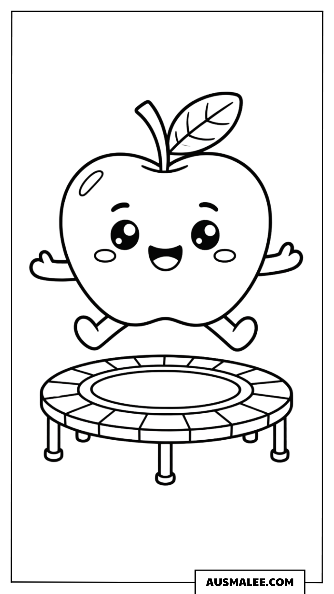 Ausmalbild Apfel auf Trampolin