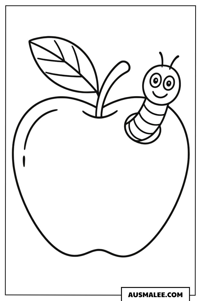 Ausmalbild Apfel mit Wurm