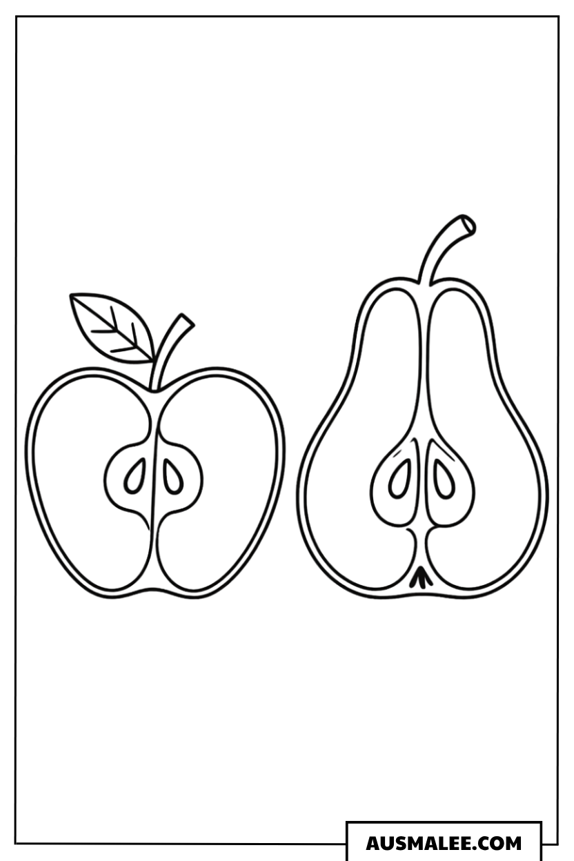Ausmalbild Apfel und Birne halbiert
