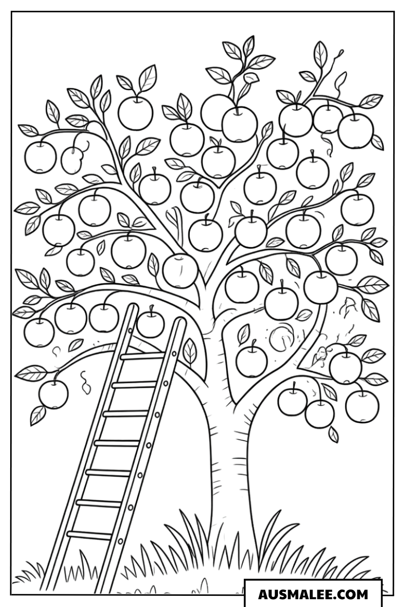 Ausmalbild Apfelbaum mit Leiter