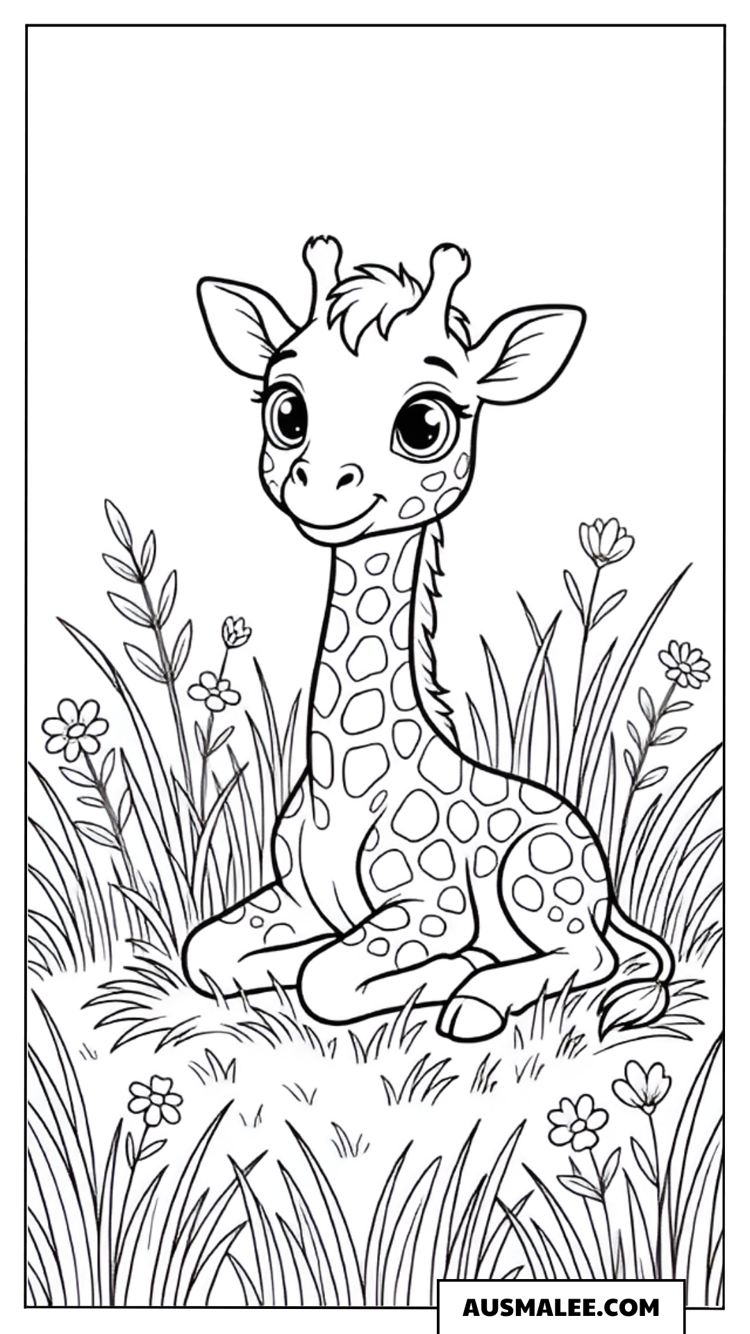 Ausmalbild Baby-Giraffe im Gras