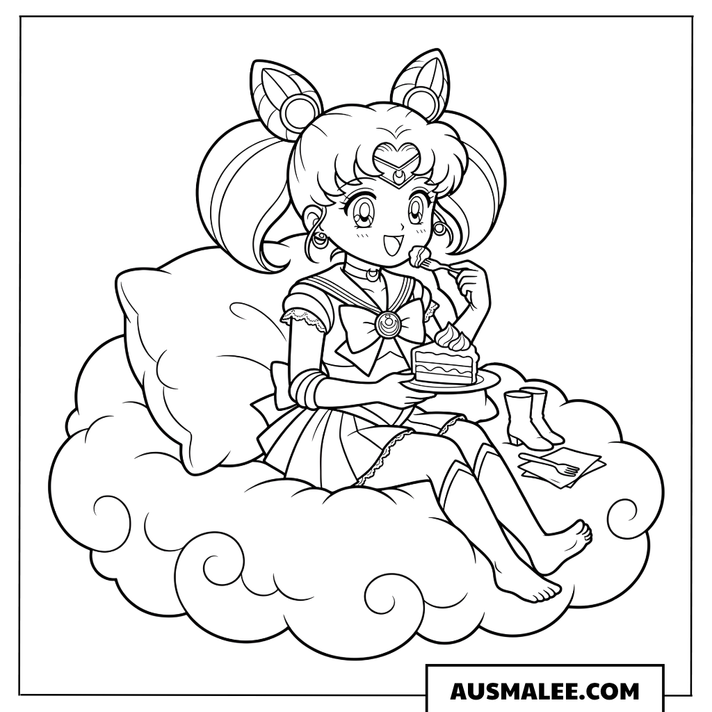 Ausmalbild Chibi Moon auf der Wolke