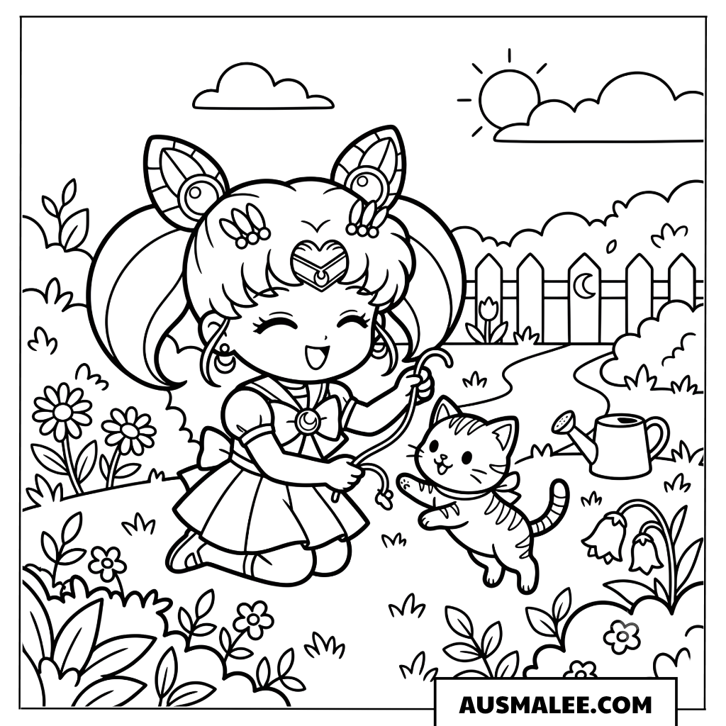 Ausmalbild Chibi Moon im Garten mit Kätzchen