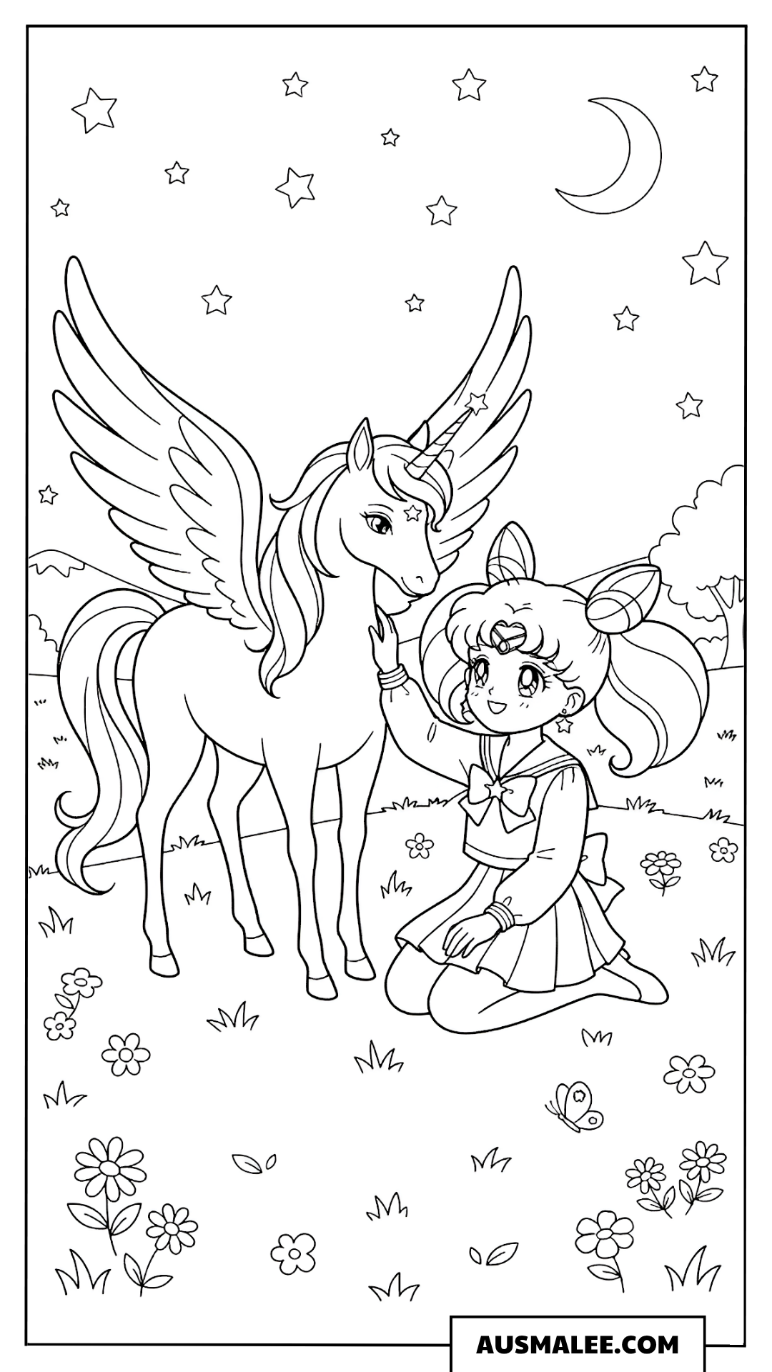 Ausmalbild Chibi Moon mit geflügeltem Pegasus