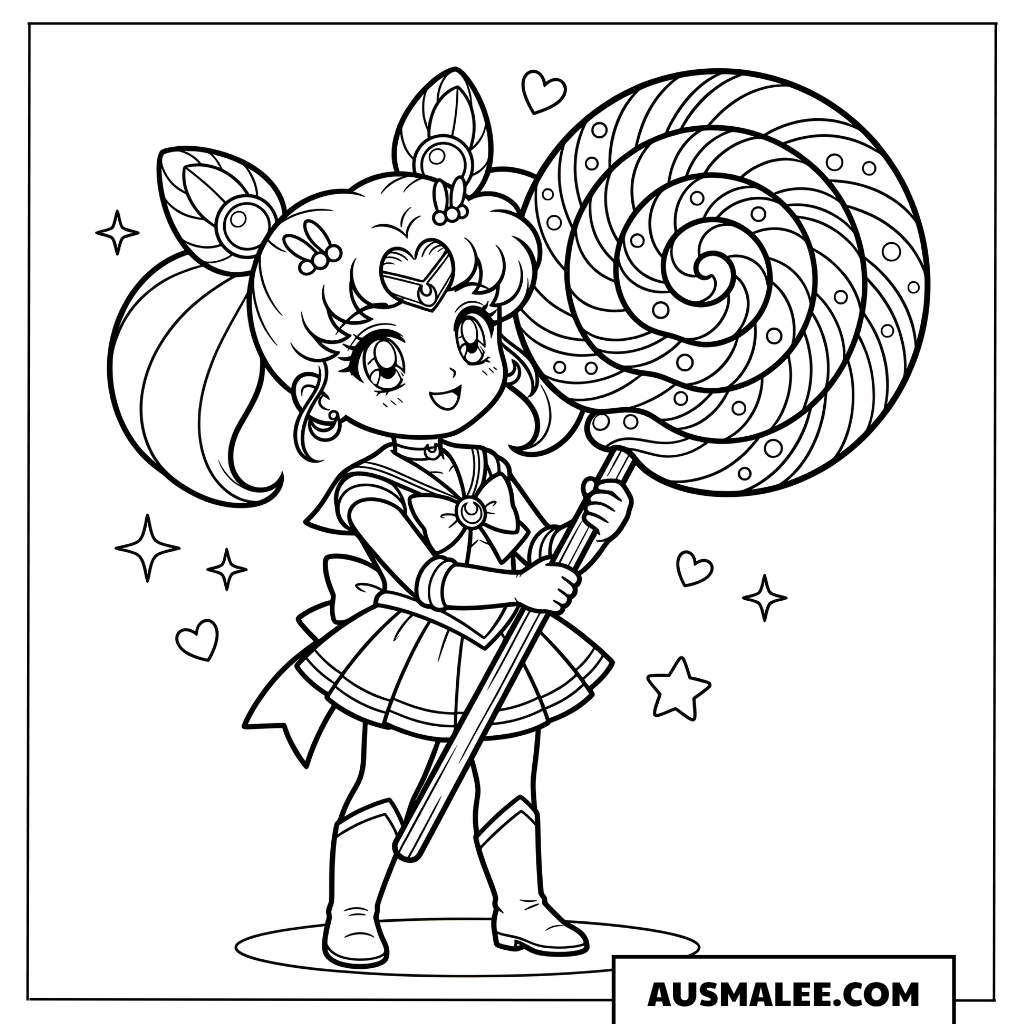 Ausmalbild Chibi Moon mit riesigem Lutscher