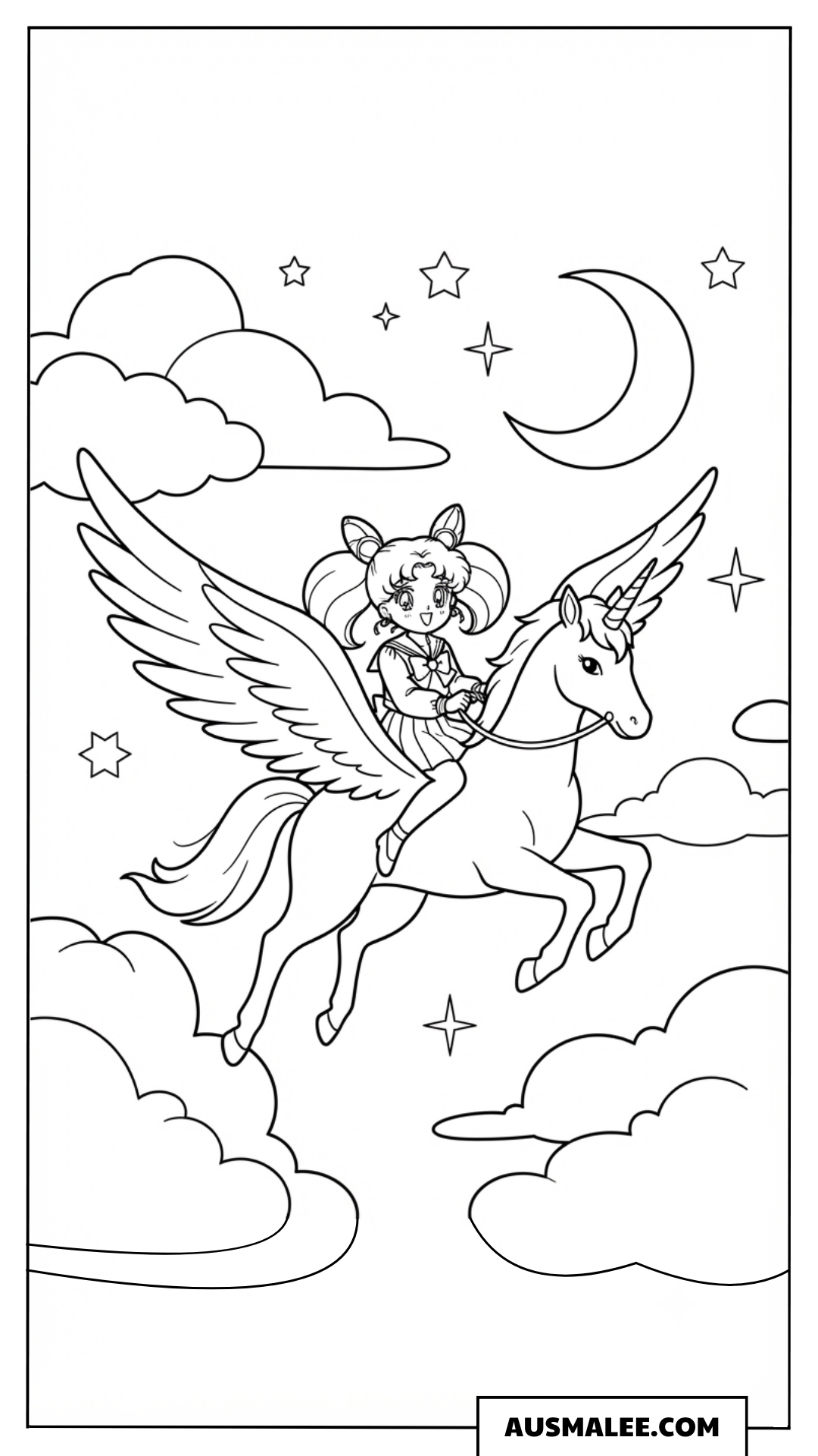 Ausmalbild Chibi Moon reitet auf Pegasus