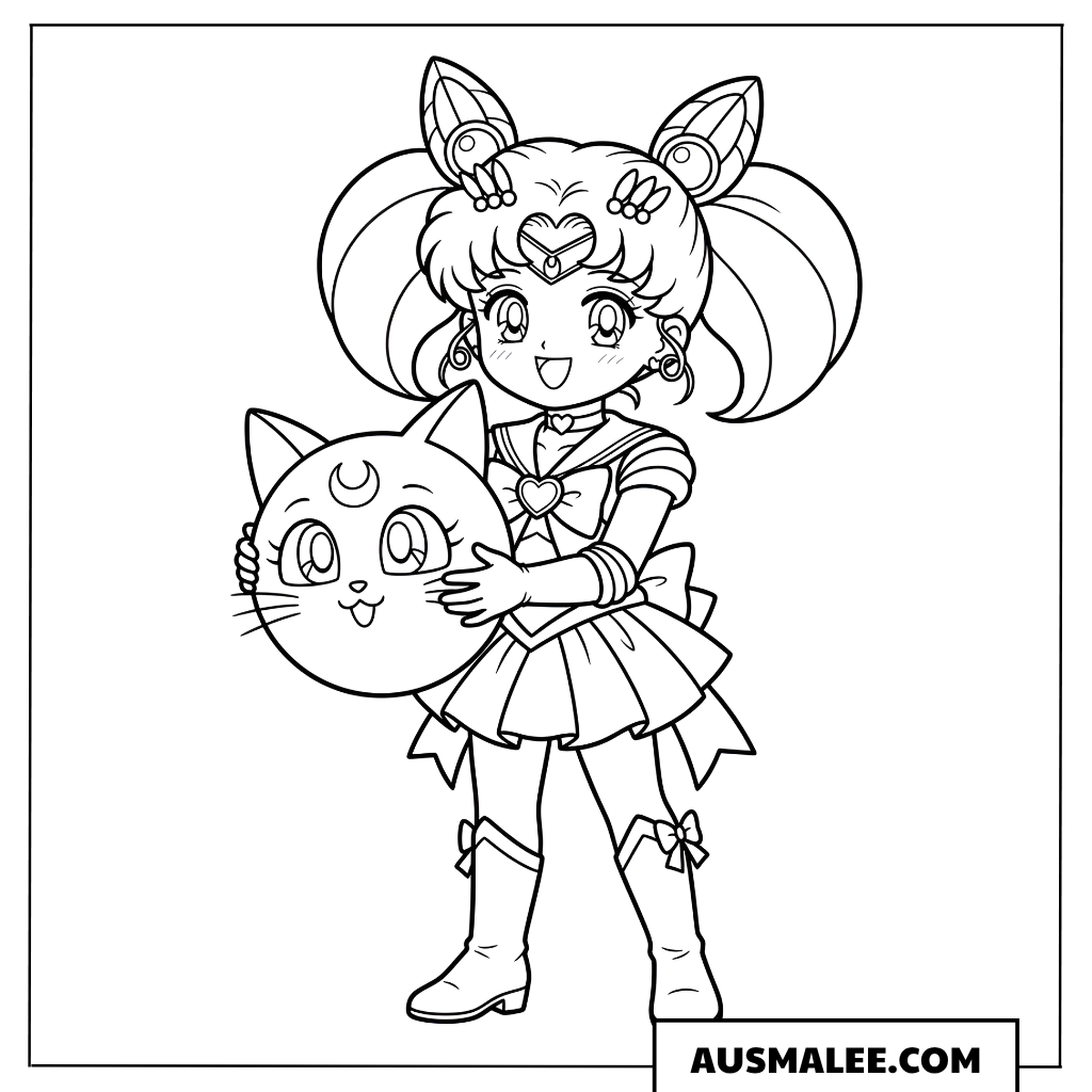 Ausmalbild Chibi Moon umarmt Luna