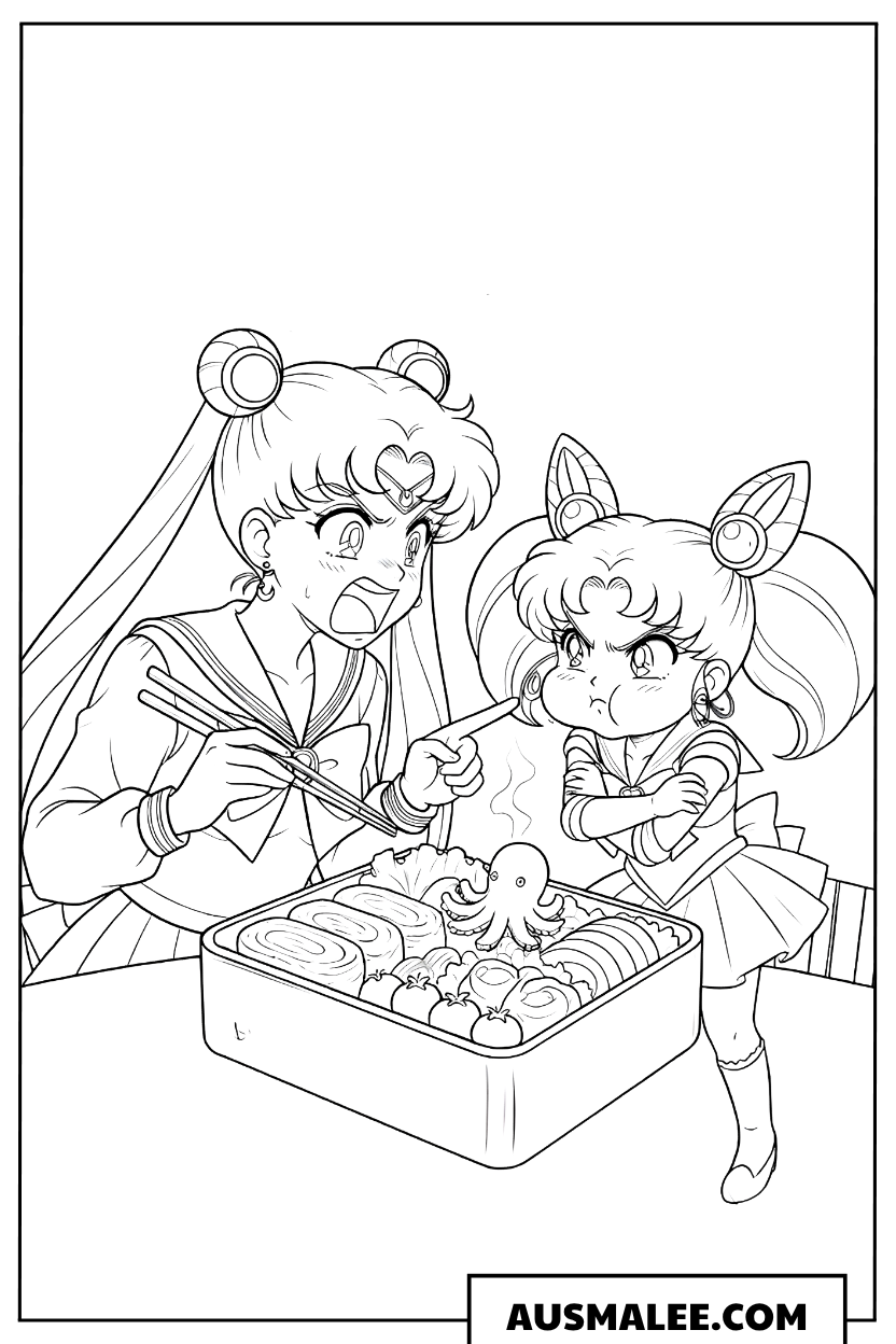 Ausmalbild Chibi Moon und Sailor Moon backen zusammen
