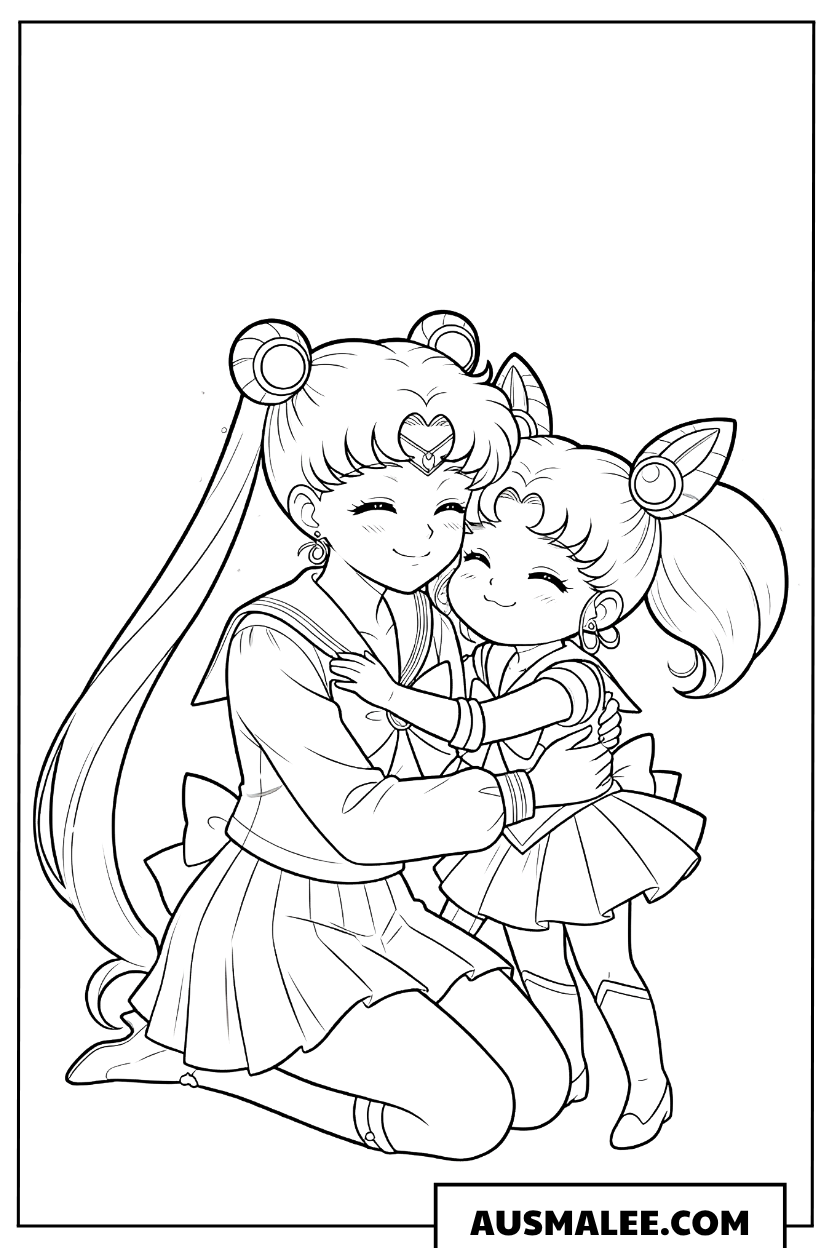 Ausmalbild Chibi Moon und Sailor Moon umarmen sich