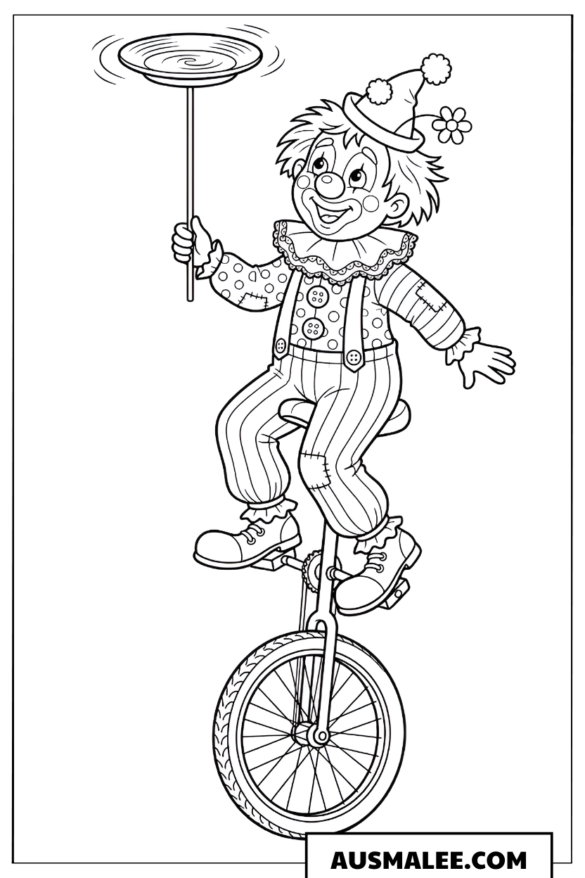 Ausmalbild Clown auf dem Einrad