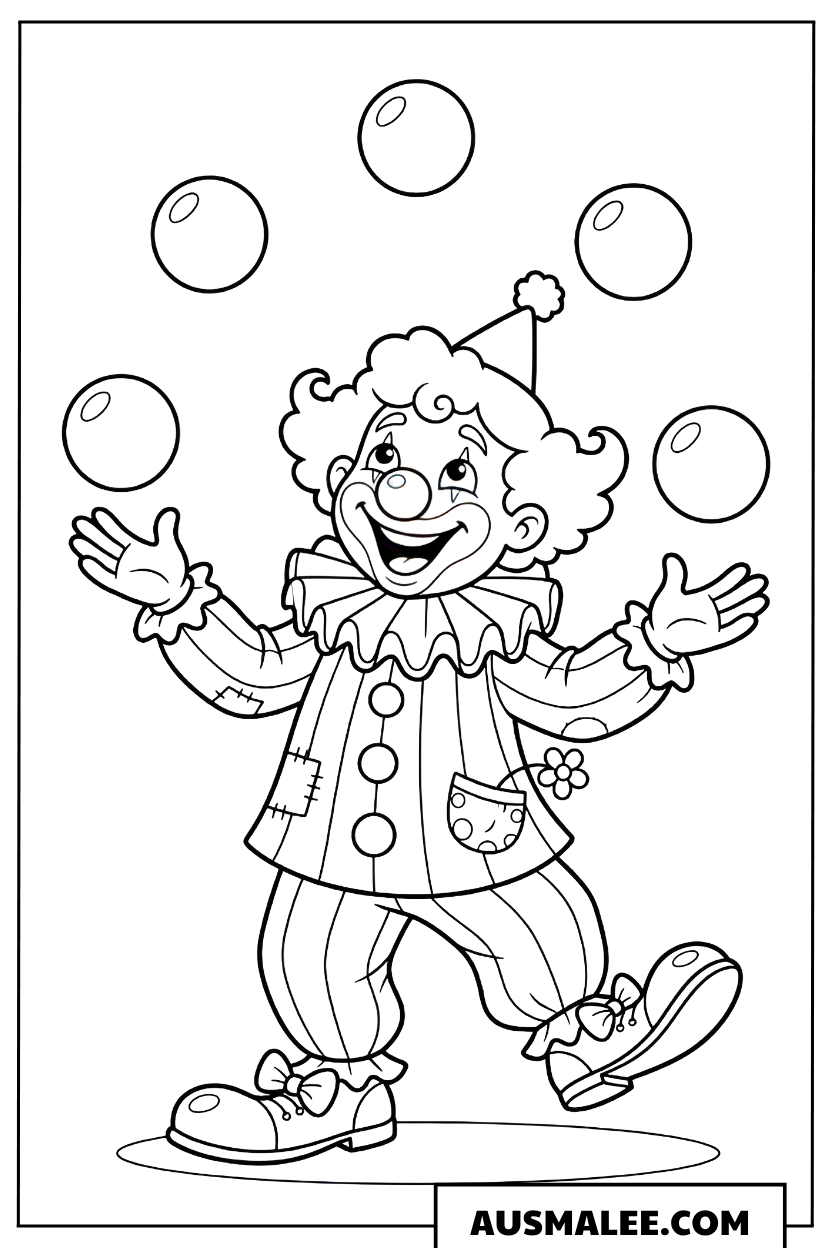 Ausmalbild Clown jongliert mit Bällen