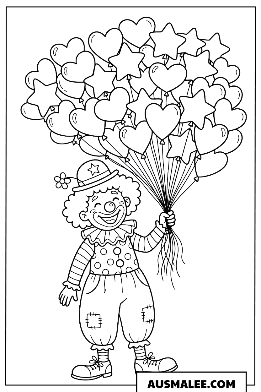 Ausmalbild Clown mit Herzluftballons