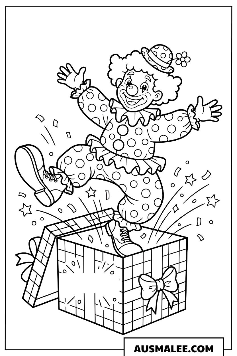 Ausmalbild Clown springt aus Geschenkbox
