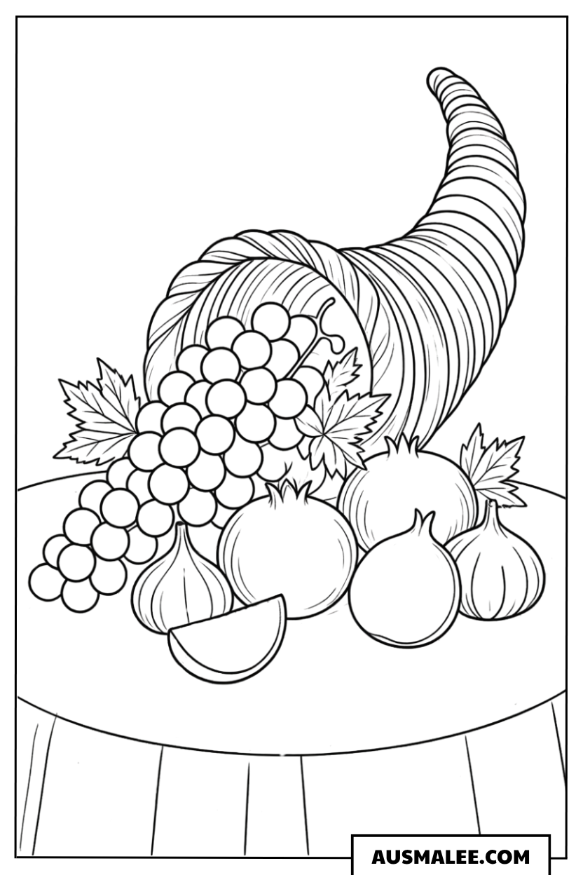 Ausmalbild Cornucopia mit Obst