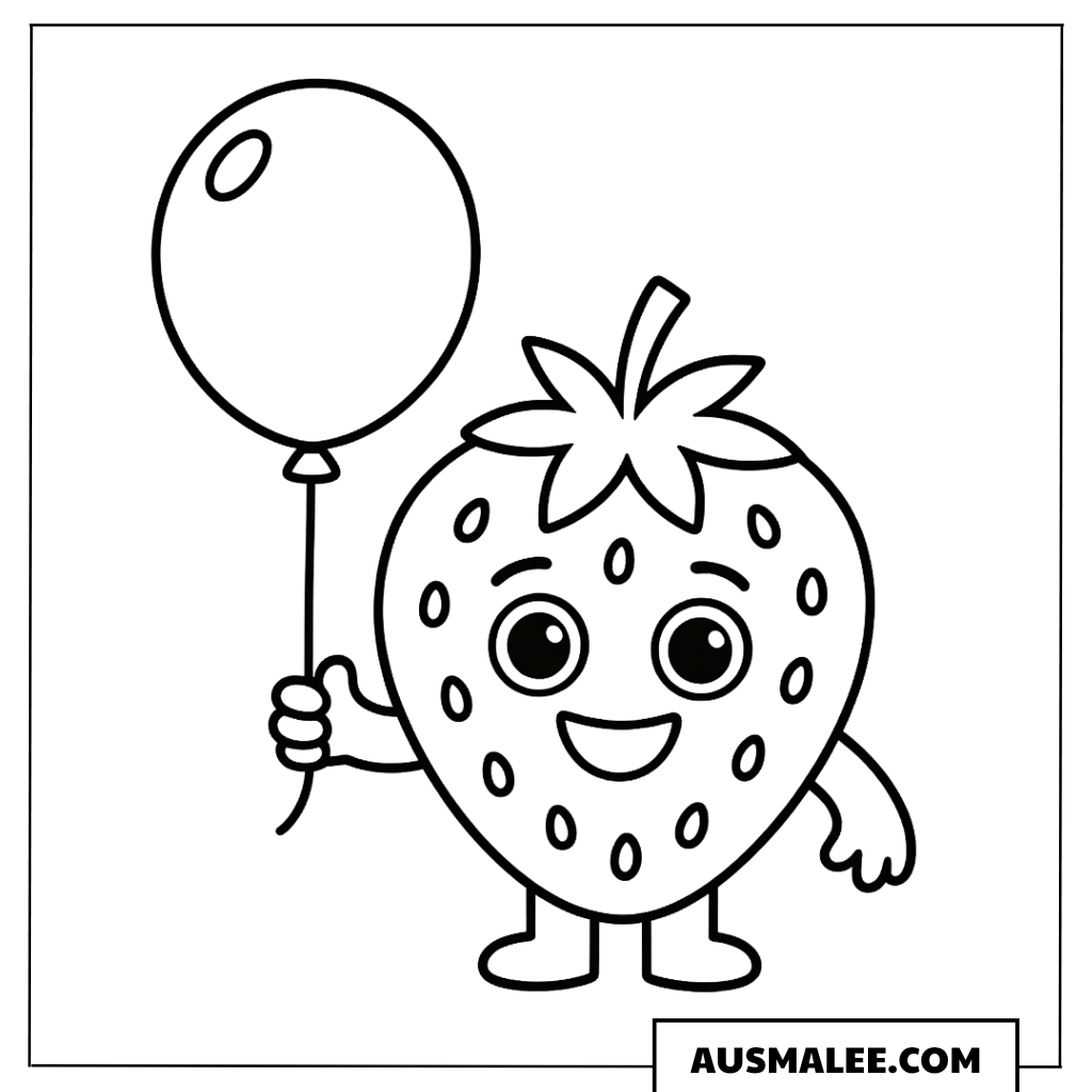 Ausmalbild Erdbeere mit Luftballon
