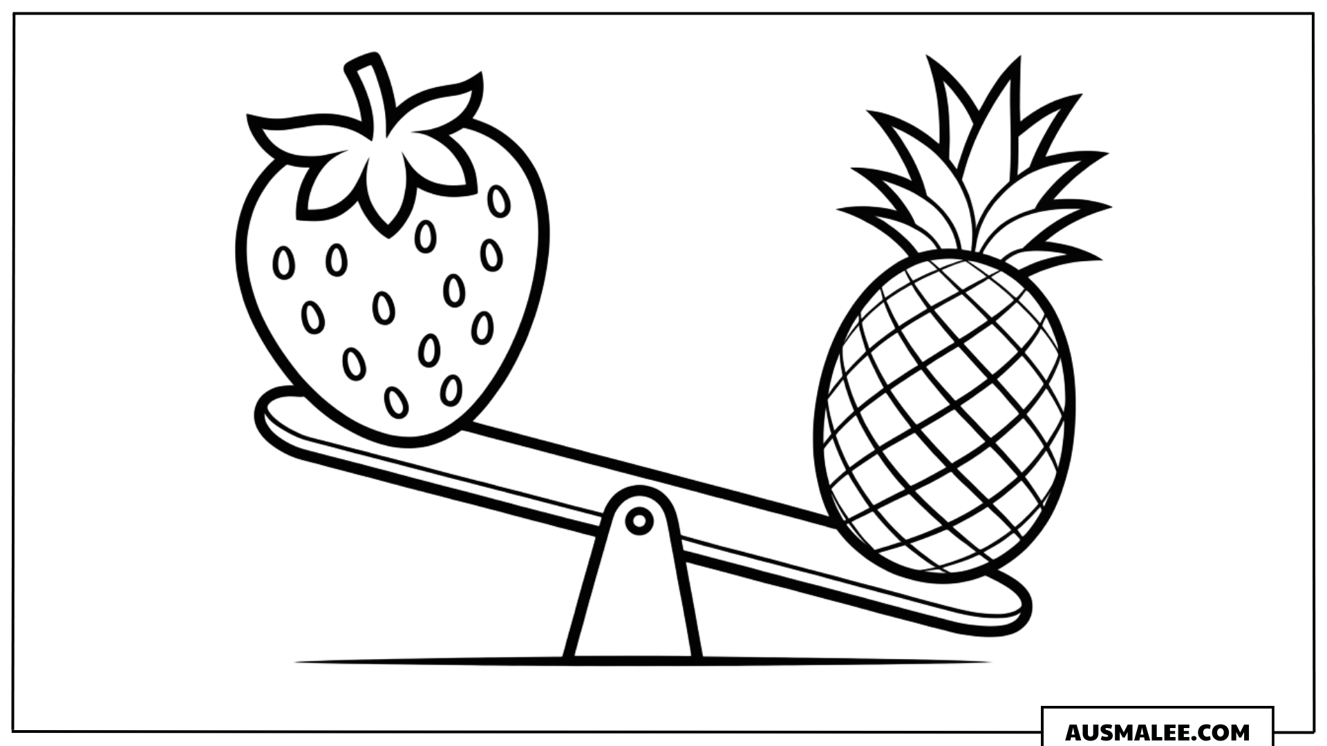 Ausmalbild Erdbeere und Ananas auf Waage