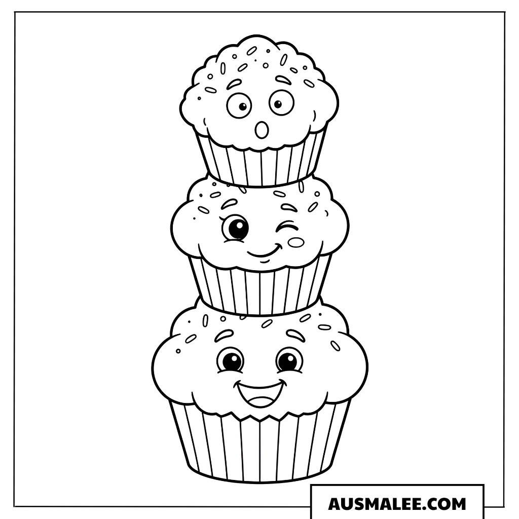 Ausmalbild Gestapelte Kawaii Muffins