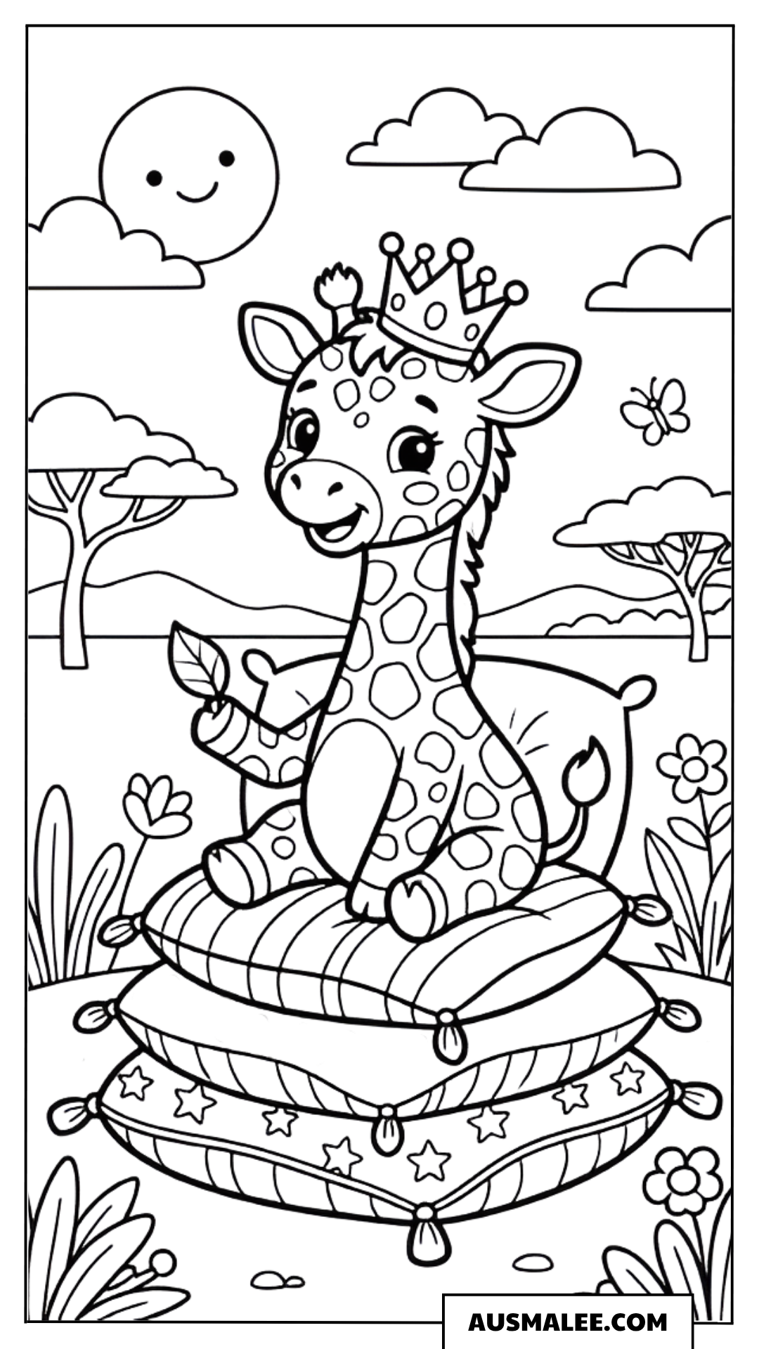 Ausmalbild Giraffe auf Kissenstapel