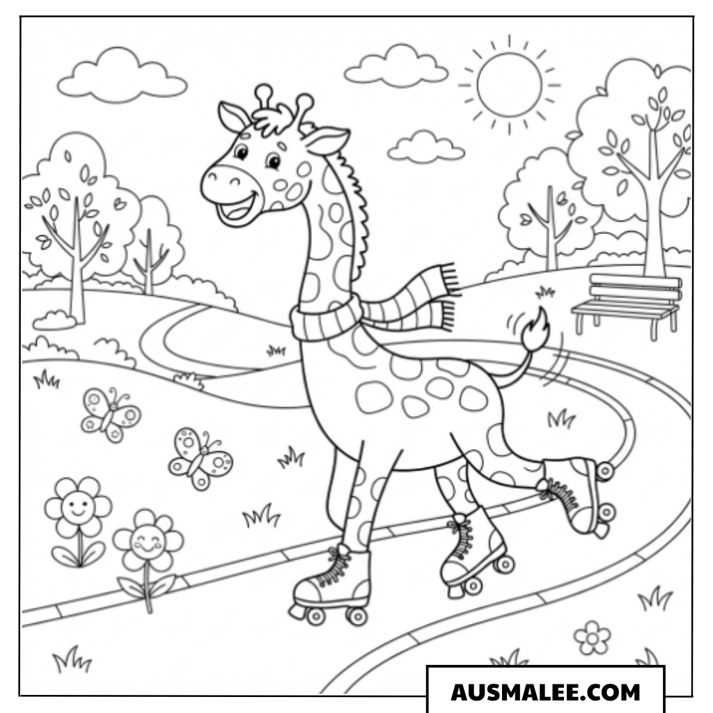 Ausmalbild Giraffe auf Rollerblades