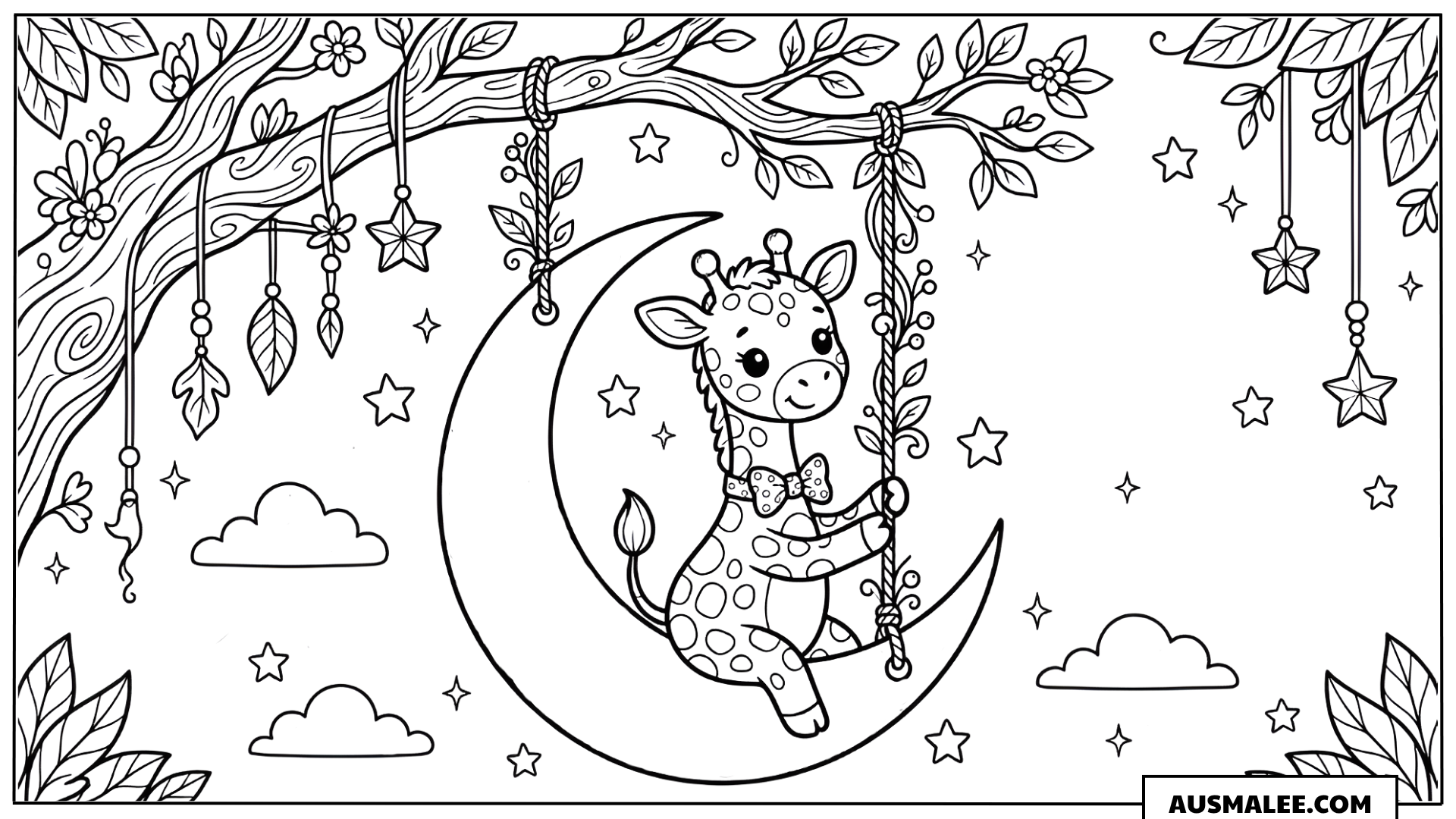 Ausmalbild Giraffe auf dem Mond