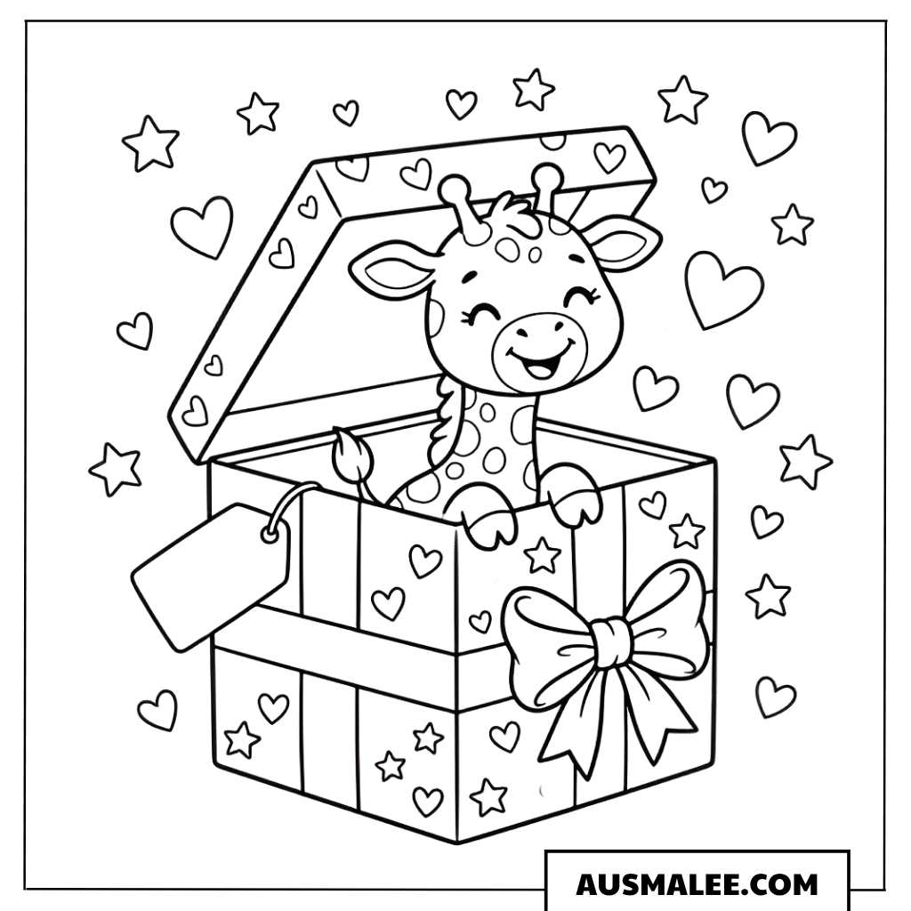 Ausmalbild Giraffe im Geschenk