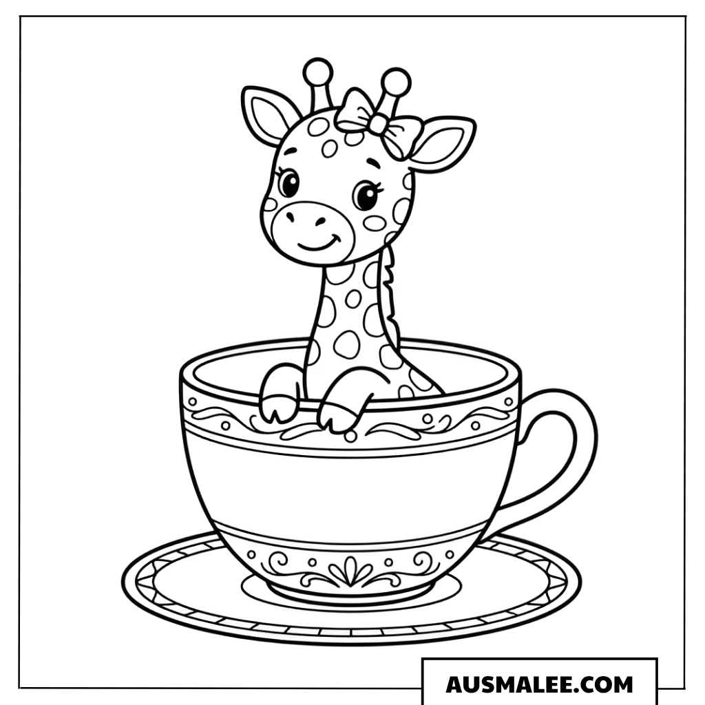 Ausmalbild Giraffe in der Teetasse