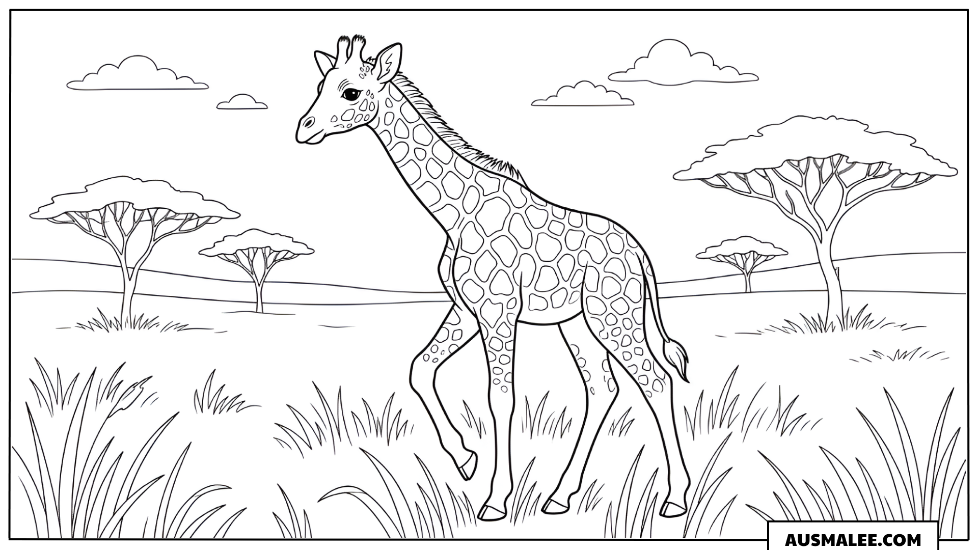 Ausmalbild Giraffe mit Baby in der Savanne