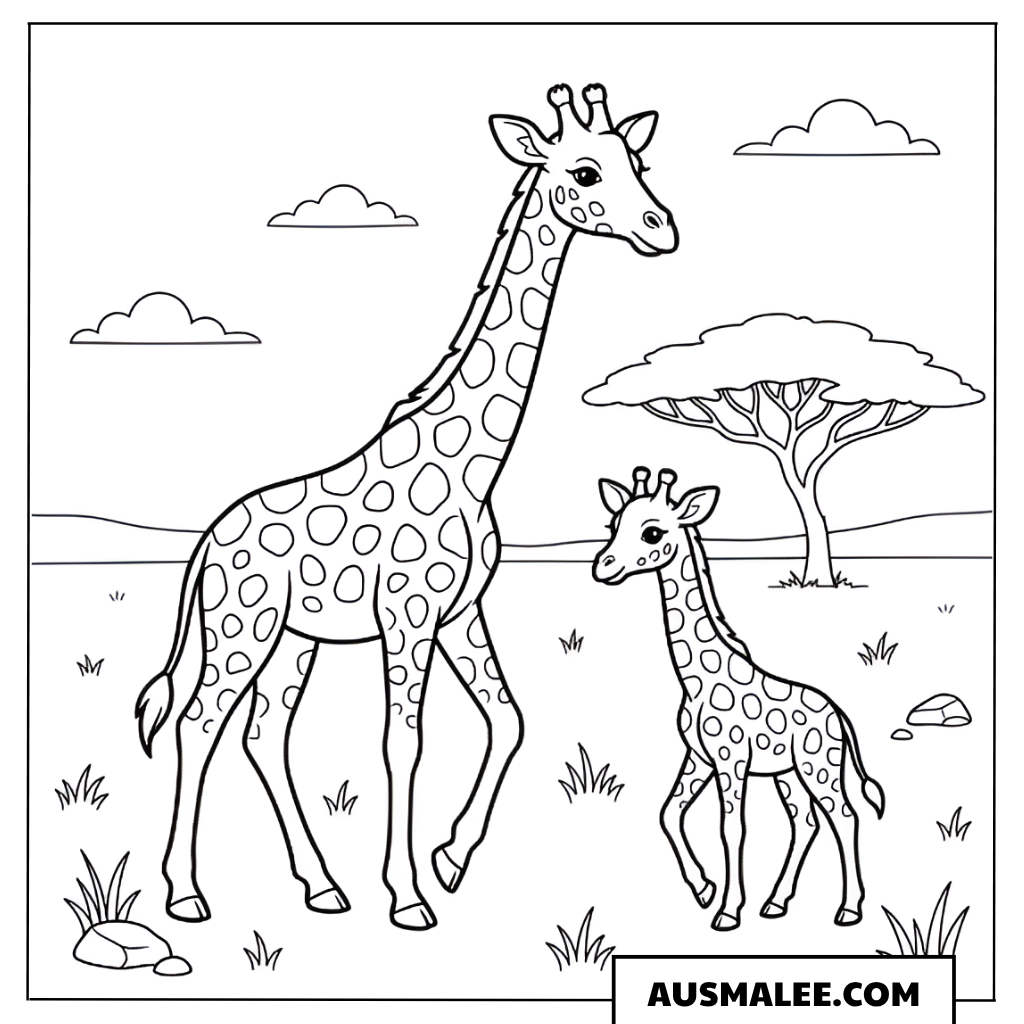 Ausmalbild Giraffe mit Baby