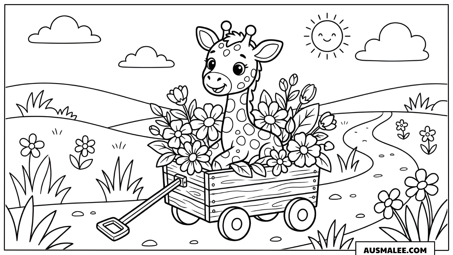 Ausmalbild Giraffe mit Blumenkarren