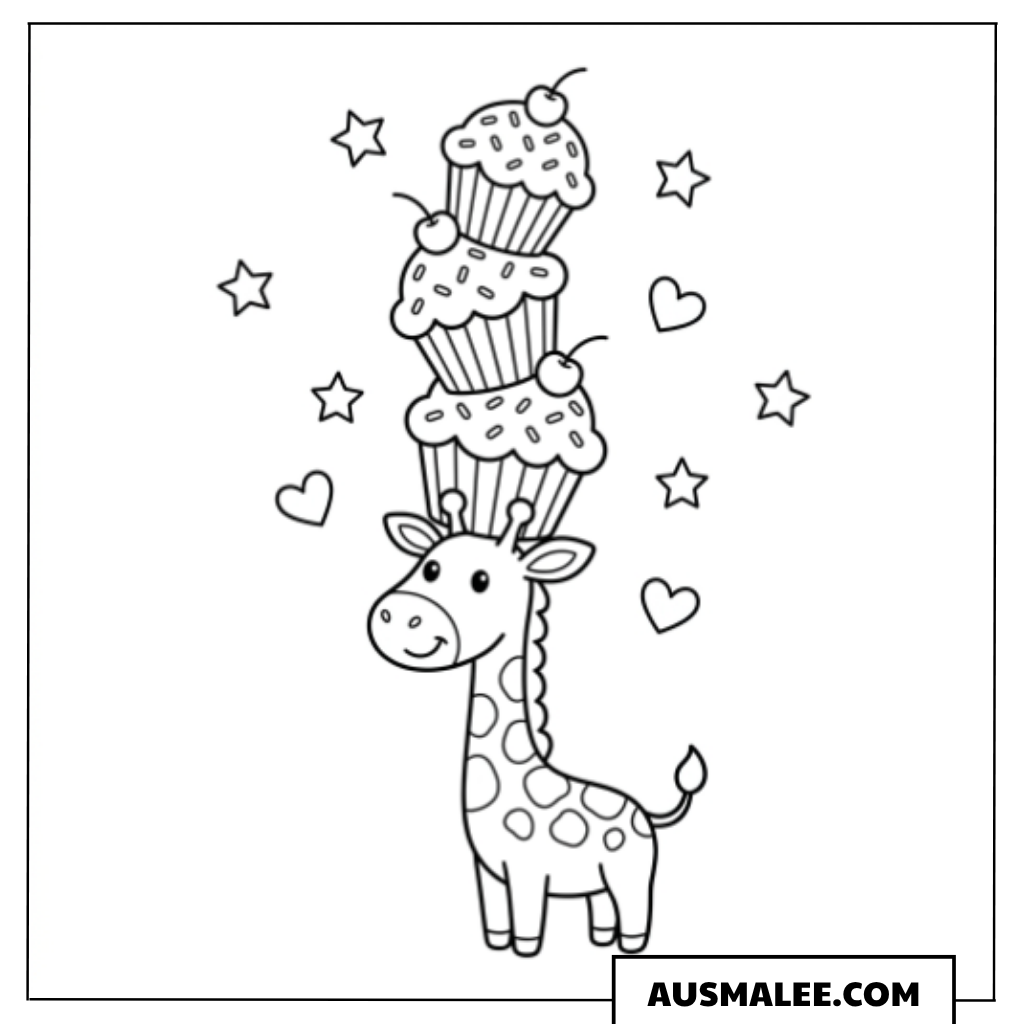 Ausmalbild Giraffe mit Cupcakes