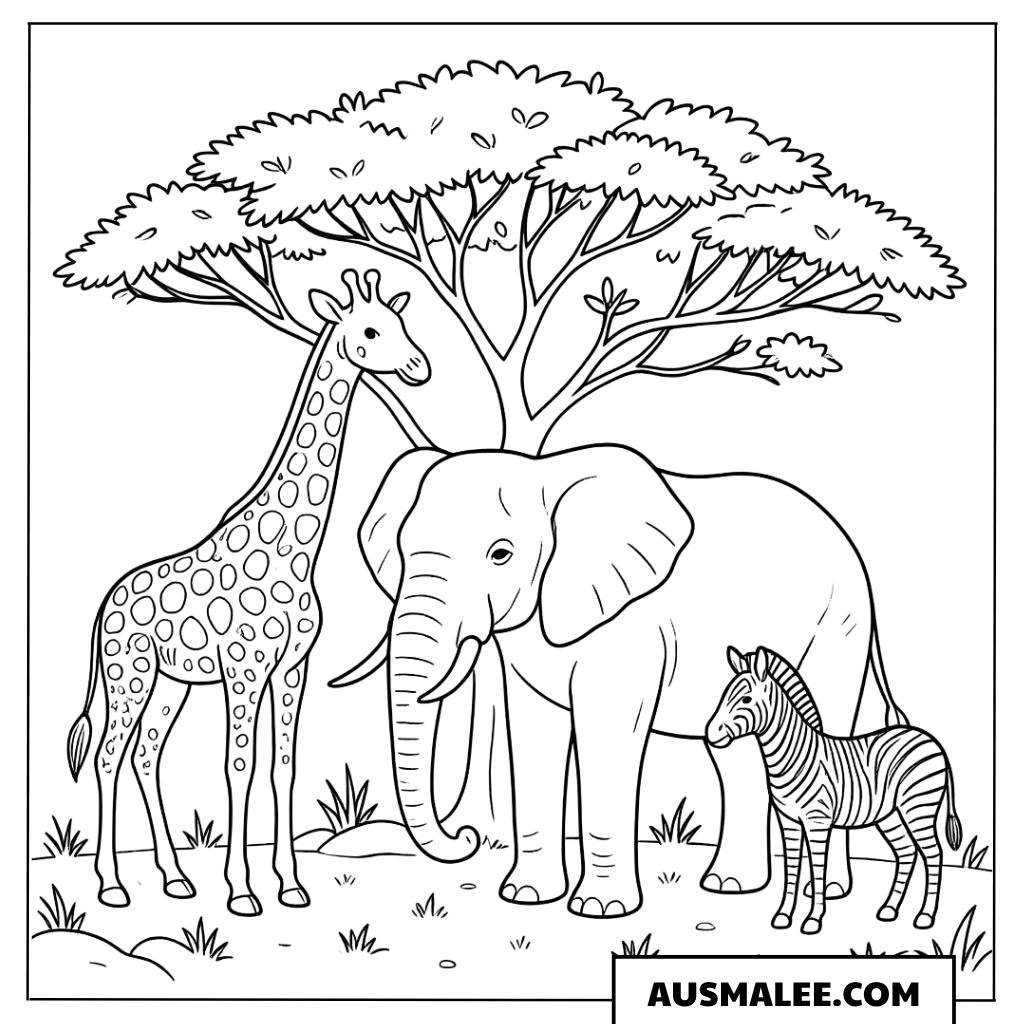 Ausmalbild Giraffe mit Elefant und Zebra